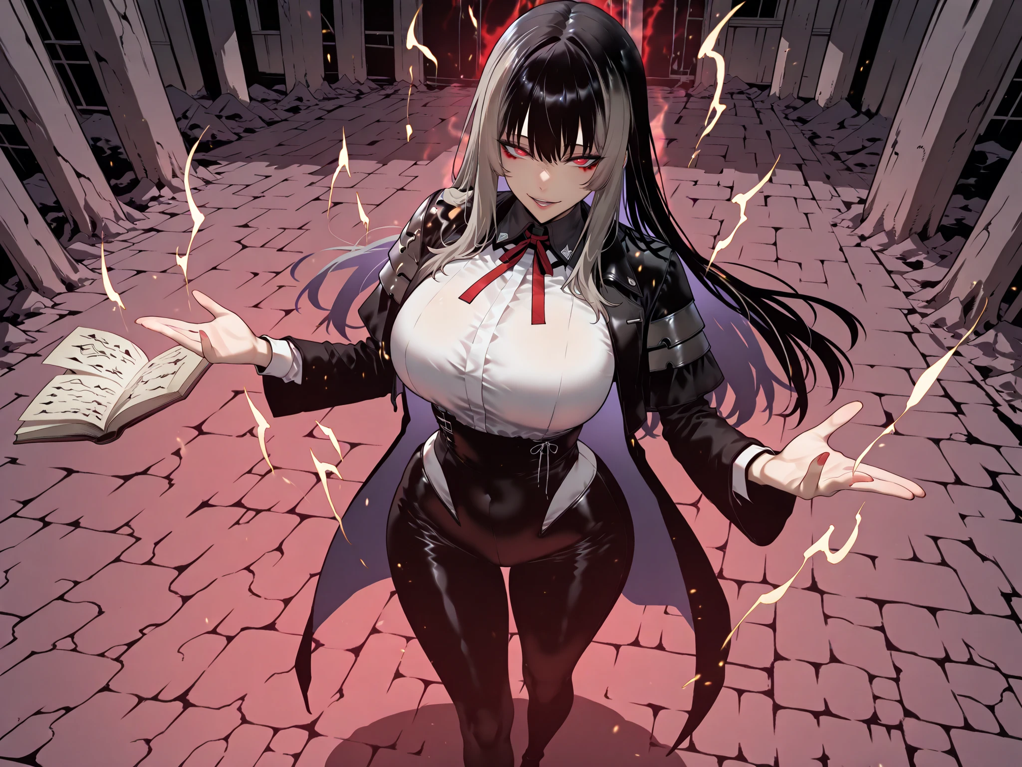 Ball of Light、雷magic、taken from above、caveの中、Ruins、black suit、black longsuit、 black long jacket、ゴスロリなshirt、Depressed、Tall Woman、A woman in her thirties、 Alassah's woman、Steins;Gate、 black longsuit 、score_9, score_8_up, score_7_up, Source_anime,masterpiece、No expression、no makeup、top quality,beautifully detailed eyes in a logistics warehouse, Exquisite Eyes、A sophisticated eye、highly detailed eyes and faces,unmotivated expression、lethargic face、 long breasts, Black Jacketを羽織る、Black Jacket、shirt, big saggy breasts, shockingly big breasts, big breasts,big boobs、boobs 、Zitoida, makeup、no makeup、long hair、smooth straight hair、black slacks、tall woman、Tall Woman、plump thighs, parted lips、 shining eyes,(Fire Aura Onkown),dungeon内、Crimson Eyes、long hair、dark haired、黒い髪、Long Straight Hair、dungeon、cave、Ruins、solo、soloプレイヤー、Wide ass、beautiful butt、and stick your butt into the focus of your butt、long boots、Shoulder Armor、Fearless Laugh、strong、Is confident、suit pants、黒いlong pants、Black Skinny、long pants、Dynamic、Satu、fight、Satu狂、俺だけレベルupな件、arrogant、 Confidence々The smile 、bewitching smile、Sadist、Satu中、hunting、hunting、intimidating、magic使い、magic、Spell Book、magic、Spell Book、magicの本、Floating Book、floating book、Pearl of Light、Light Ball、 Floating Books、Flying Book、左手にmagicの玉、plasma、plasma球、Glowing sphere、Flying Book