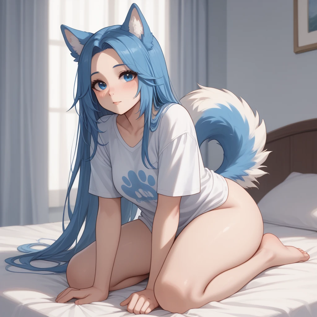 Anime style draw of a woman, view from her hips and above, dress with only a long white button shirt, legs slightly open and a fluffy light blue animal tail behind