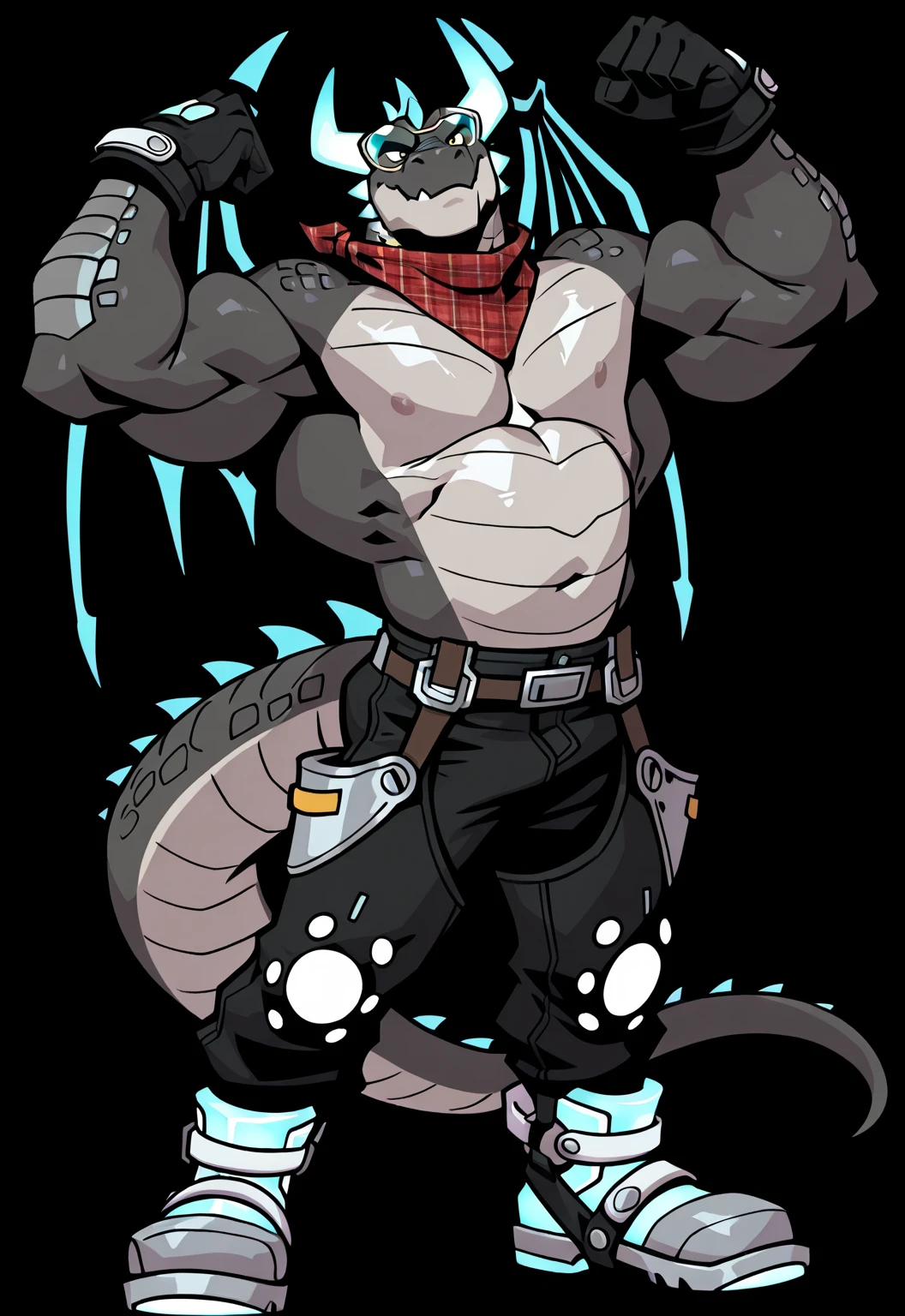 Tall_lanky_muscular_deathclaw male dark_beige_scaled_body spotted_scales yellow_eyes solo Masterpiece best_quality absurdres highly_detailed cleanly_drawn_eyes anthro_only by_claweddrip, by_greasymojo, by_underscore-b, by_runawaystride ripped_cargo_pants ripped_leather_duster fingerless_gloves goggles destroyed_building heavy_dust_storm shirtless thumbs_up

