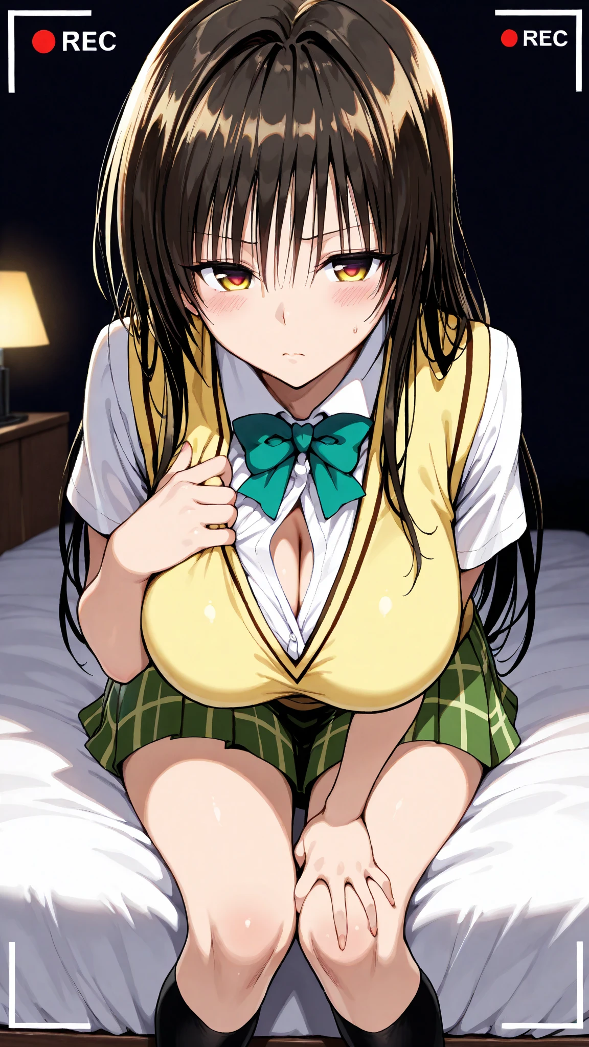 nsfw,kotegawayui, yui kotegawa, black hair, (brown eyes:1.5), long hair,
BREAK green skirt, plaid, plaid skirt, sainan high school uniform, school uniform, skirt, sweater vest, (yellow sweater:1.3), short sleeves,
BREAK looking at viewer,1boy with penis,
BREAK (masterpiece:1.2), best quality, high resolution, unity 8k wallpaper, (illustration:0.8), (beautiful detailed eyes:1.6), extremely detailed face, perfect lighting, extremely detailed CG, (perfect hands, perfect anatomy), spread legs, on bed, wet pussy, fog, sweat,blushing,hands up, cum in pussy,(sex with the boy:1.5), penis in pussy, cowgirl, (scream:1.5)