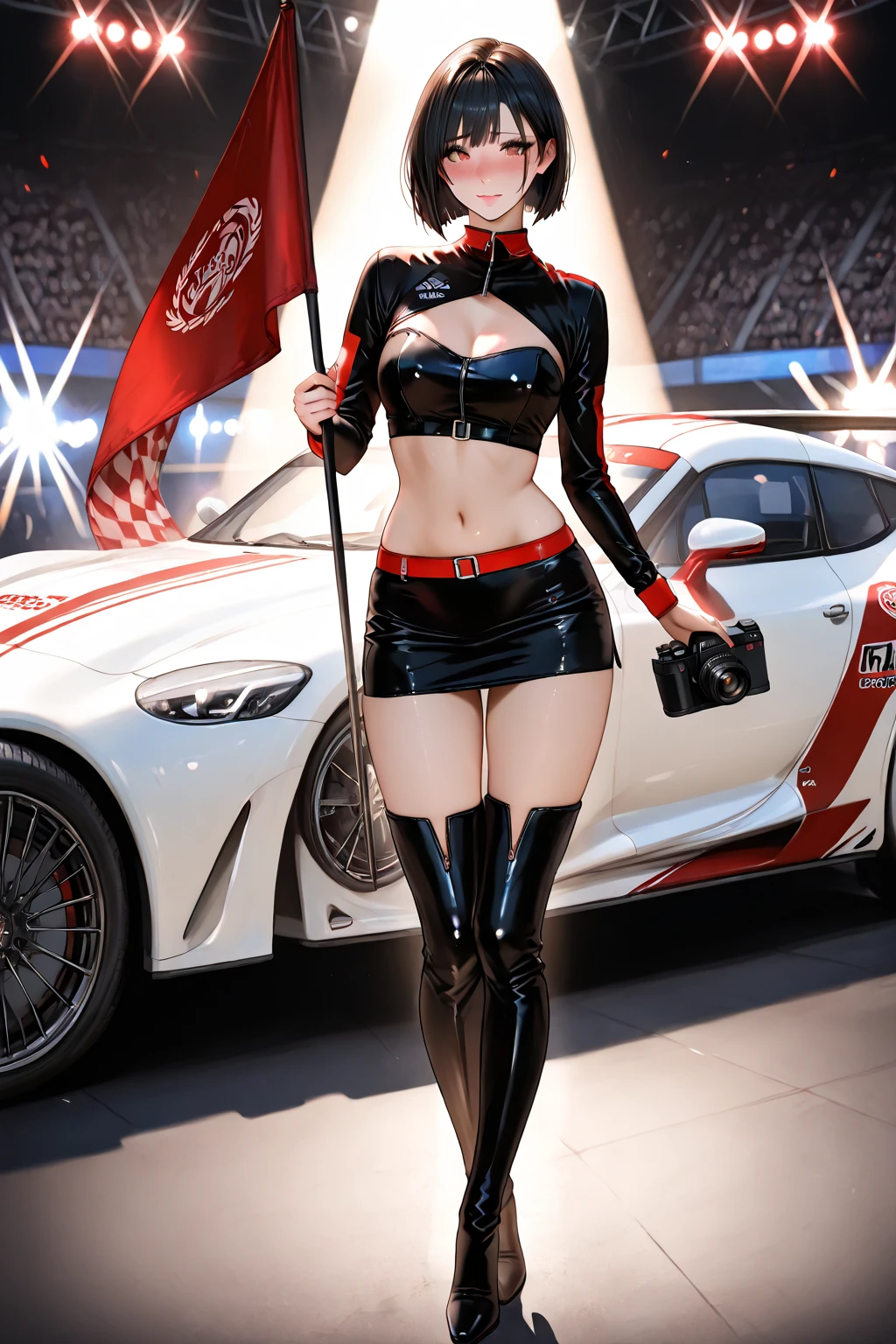(masterpiece, Highest quality, In 8K, Very detailed, High resolution, Realistic:1.2), (Latex Team Rocket uniform:1.3), (smilingly, Narrow-eyed Japanese face:1.2), (Black Hair, Bob Hair:1.2), (Cowboy Shot:1.3), (20 year old Japanese woman:1.2), (Shorten your skirt:1.3), (Black patent leather gloves, Black patent leather long boots:1.2), (Upper body is thin:1.4), (flattening the chest, Enhance the nipples:1.2), (Thicken your thighs:1.3), (Panty shot, Black latex panties:1.3)