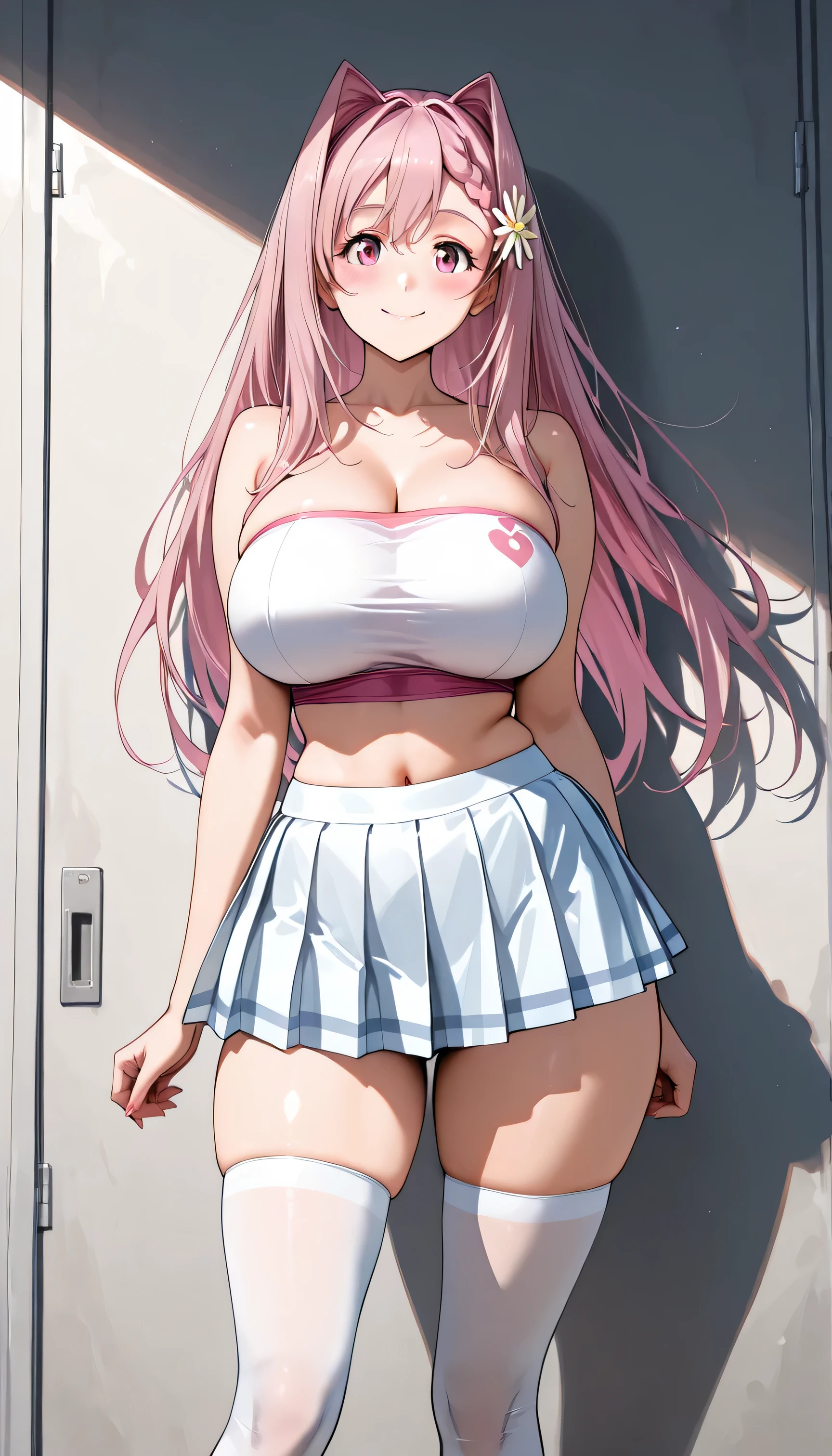 Draw a beautiful girl with three well-proportioned curves, big breasts, and a big, exposed pussy, becoming a slave bitch for someone else, with pink hair and wearing a schoolgirl outfit.well-proportioned body, not fat, not thin, very beautiful