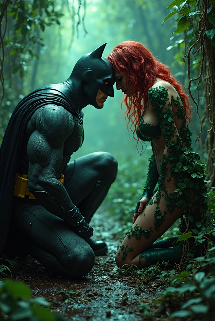Batman beaten and dominated by the villainess known as Poison Ivy.