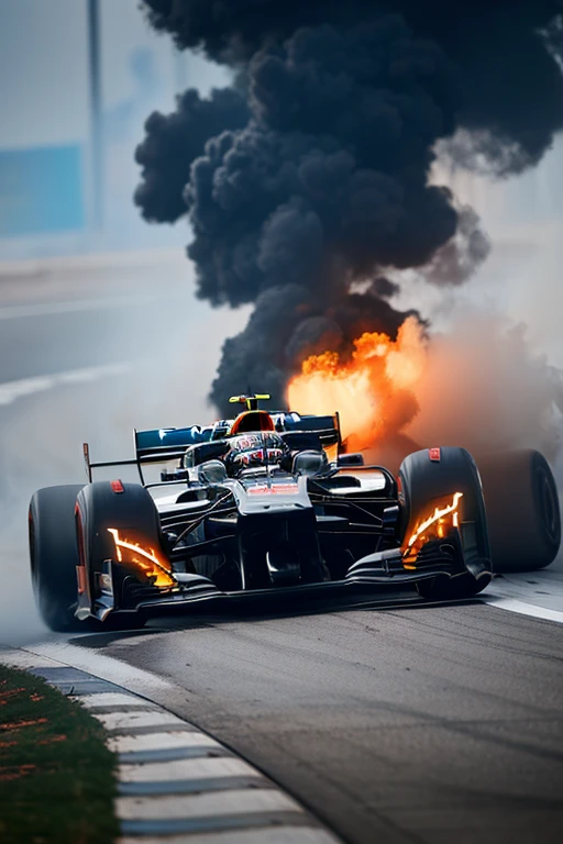 Formula 1 car with a burning wheel enduring an accident on the race track, captured in the intense, humanized storytelling style of W. Eugene Smith, 32k resolution, hyper-detailed elements, sharp focus, ultra HD quality, realistic textures, vivid color palette, pen and ink precision, composition adhering to the golden ratio, octane render for insane detail, trending on ArtStation, with the caliber of 8k artistic photography. High Resolution, High Quality, Masterpiece. best quality, masterpiece, super detail