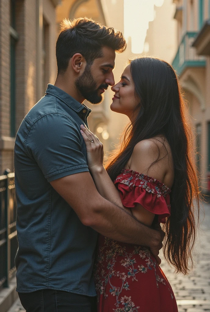 Man blue shirt shorts white hug a girl in glasses long black hair