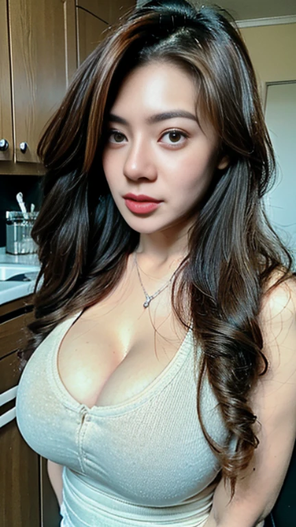 Highest quality、One woman、35-year-old woman、Married Woman、milf、（Huge breasts:1.8,sagging breast:1.5）、Apron appearance、kitchen、Are standing、Brown Hair、Loosely permed hair、Iris、Realistic、giga breast、wavy hair、breast focus、