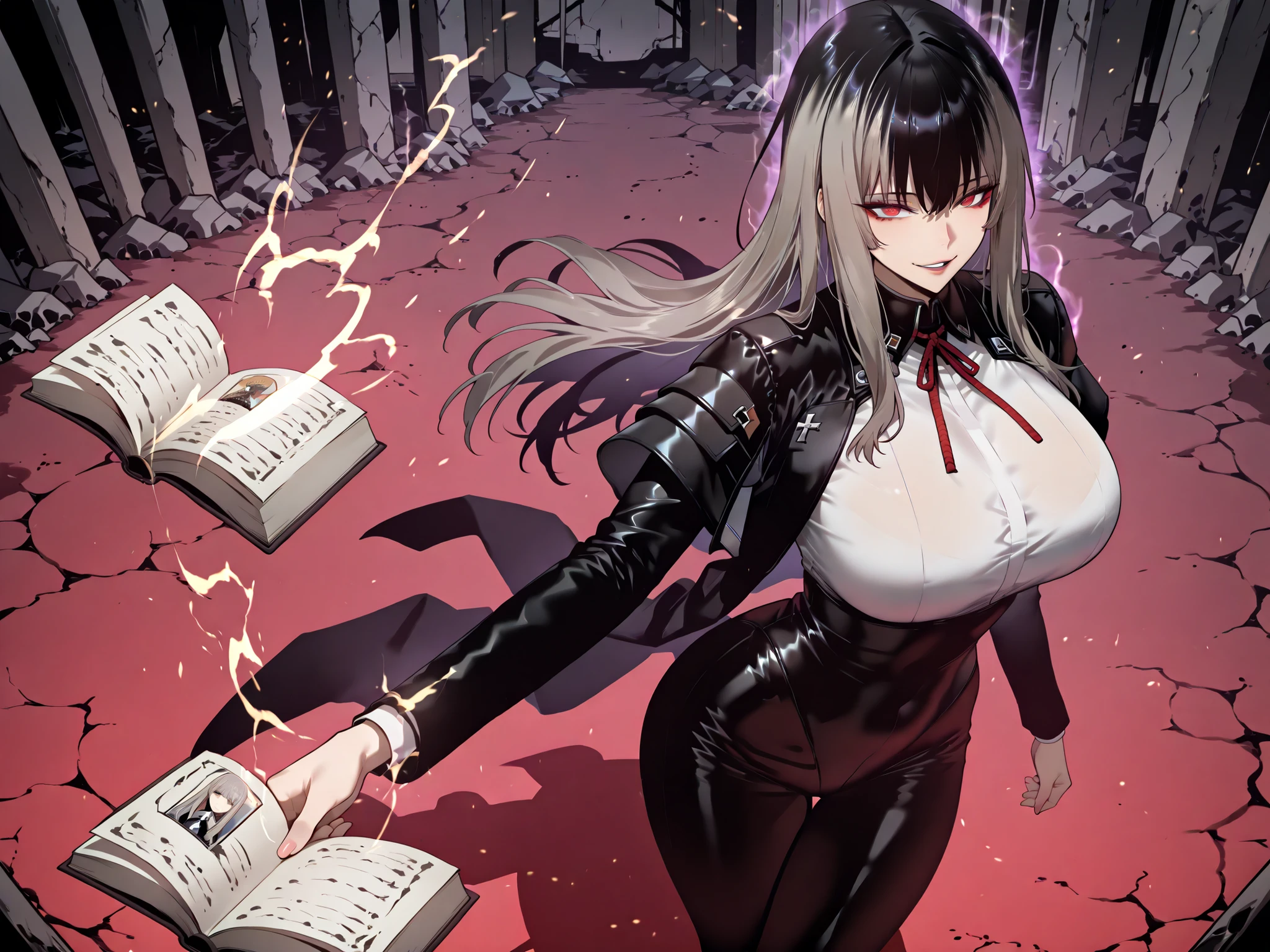 Ball of Light、雷magic、taken from above、caveの中、Ruins、black suit、black longsuit、 black long jacket、ゴスロリなshirt、Depressed、Tall Woman、A woman in her thirties、 Alassah's woman、Steins;Gate、 black longsuit 、score_9, score_8_up, score_7_up, Source_anime,masterpiece、No expression、no makeup、top quality,beautifully detailed eyes in a logistics warehouse, Exquisite Eyes、A sophisticated eye、highly detailed eyes and faces,unmotivated expression、lethargic face、 long breasts, Black Jacketを羽織る、Black Jacket、shirt, big saggy breasts, shockingly big breasts, big breasts,big boobs、boobs 、Zitoida, makeup、no makeup、long hair、smooth straight hair、black slacks、tall woman、Tall Woman、plump thighs, parted lips、 shining eyes,(Fire Aura Onkown),dungeon内、Crimson Eyes、long hair、dark haired、黒い髪、Long Straight Hair、dungeon、cave、Ruins、solo、soloプレイヤー、Wide ass、beautiful butt、and stick your butt into the focus of your butt、long boots、Shoulder Armor、Fearless Laugh、strong、Is confident、suit pants、黒いlong pants、Black Skinny、long pants、Dynamic、Satu、fight、Satu狂、俺だけレベルupな件、arrogant、 Confidence々The smile 、bewitching smile、Sadist、Satu中、hunting、hunting、intimidating、magic使い、magic、Spell Book、magic、Spell Book、magicの本、Floating Book、floating book、Pearl of Light、Light Ball、 Floating Books、Flying Book、左手にmagicの玉、plasma、plasma球、Glowing sphere、Flying Book