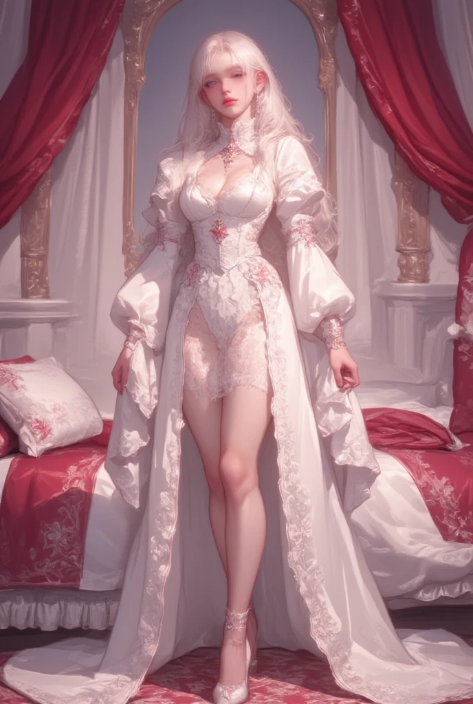 Setting: Royal bedroom - Grand, opulent, with rich fabrics and tapestries Character: Appearance: White hair - Short, styled in a sharp bob Full figure - Curvaceous Attire: High boots - Leather, reaching up the calves Elegant outfit - Befitting the royal setting (consider a dress, gown, or ensemble) Red tattoo - Delicate design on the navel Face - A confident smirk plays on her lips, eyes sparkling with amusement Pose: Full body - Standing tall Hands - Resting on hips in a commanding posture Additional details: (add to the background a four-poster bed, a plush rug, ornate furniture)