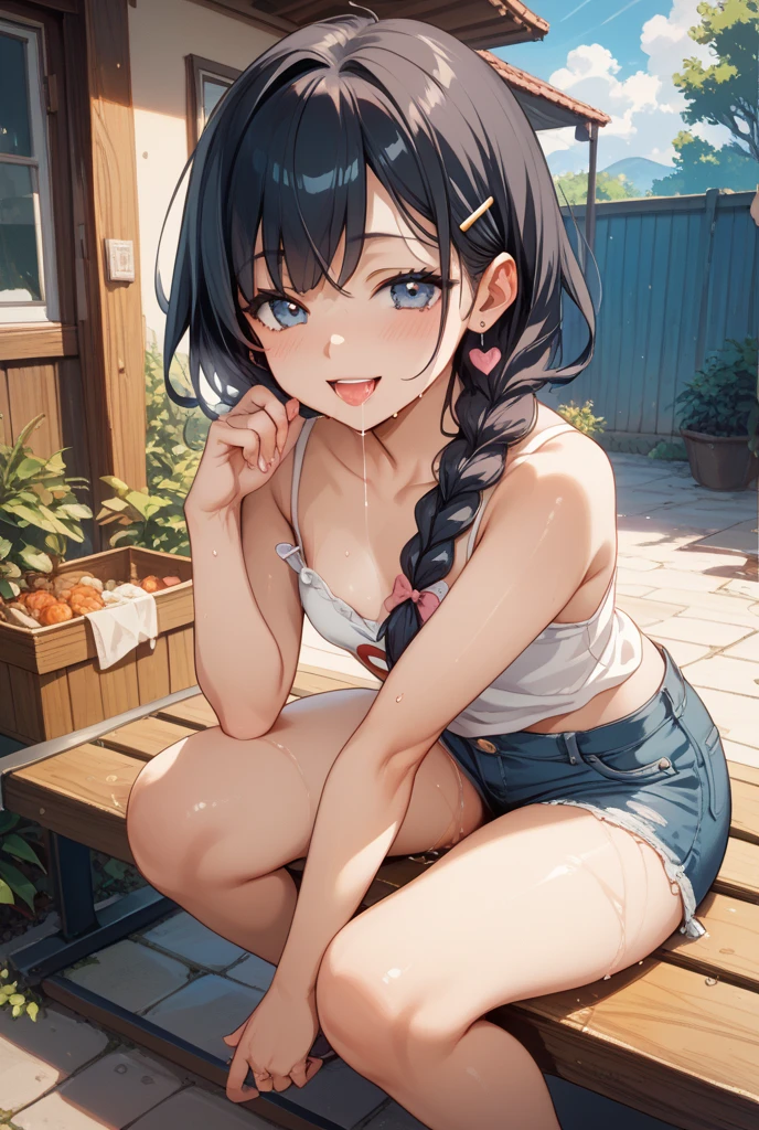 (anime style),masterpiece, best quality, extremely detailed,tanned skin Children,dark skin Beautiful body,cleavage,BREAK,multicolored colorful hair,short hair,twin braids,BREAK,black eyes,happy smile,shy,eyebrow,smug,open mouth,eyes widen,sensual face,smile face,detailed lips,False eyelashes,BREAK,sitting back,cotton red big ribbon,BREAK, ripped black tank top,frilled clothing microskirt,break,head tilt,Luxury pool