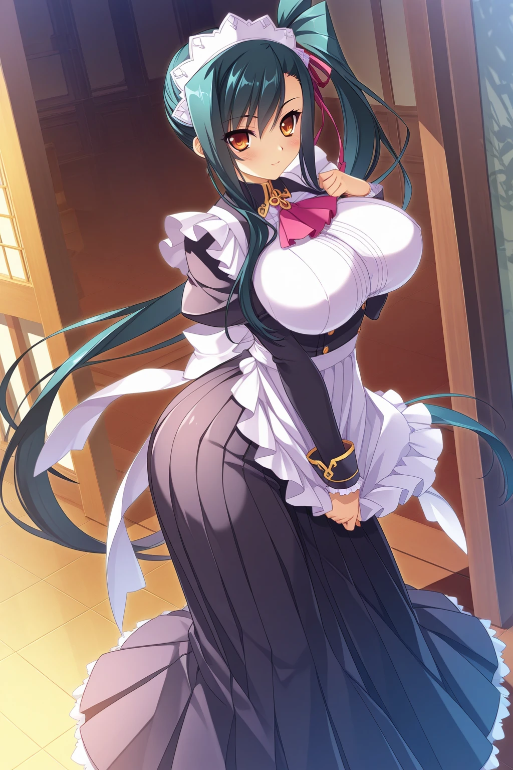 ANIME , high detailed
1 chunky girl, long hair, blue-green hair, yellow eyes, smile, busty, round buson, gorgeous chunky body, yellow Genetics's uniform, Juliet sleeves, Very large blue Long skirt