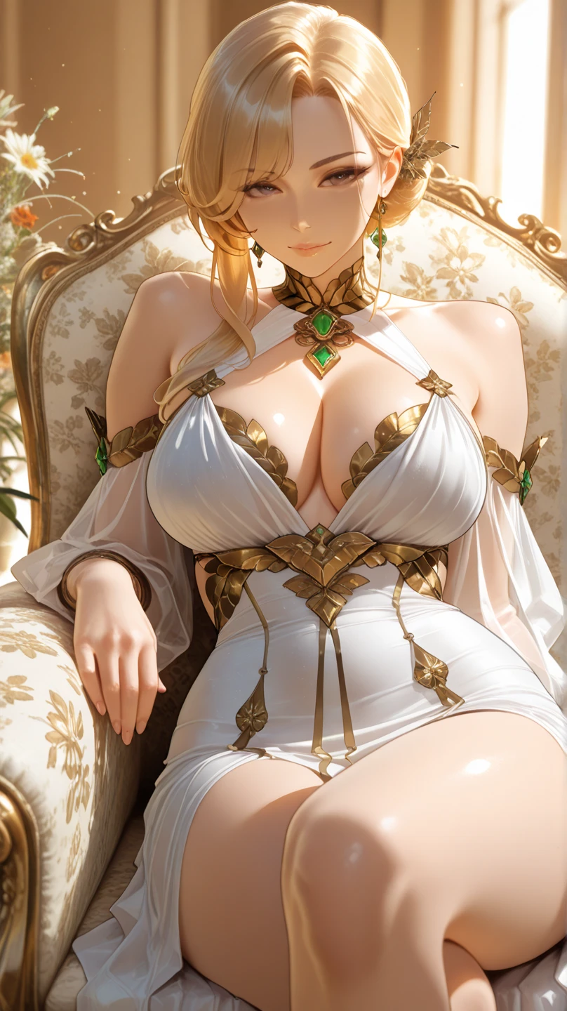 Illustration of smiling cat, cat girl, green short bob, green eyes, golden costume, golden necklace, golden bangle, golden ring, surrounded by luxurious jewels and treasures In the background, glittering jewels, gold coins, treasure chests and other treasures are drawn, and the cat girl is standing in the center. The cat girl is depicted with a happy expression and a luxurious appearance surrounded by money and goods. masterpieces, high quality, piles of gold nuggets, a large amount of golden coins, golden accessories, mountains of golden treasures, golden chambers,
