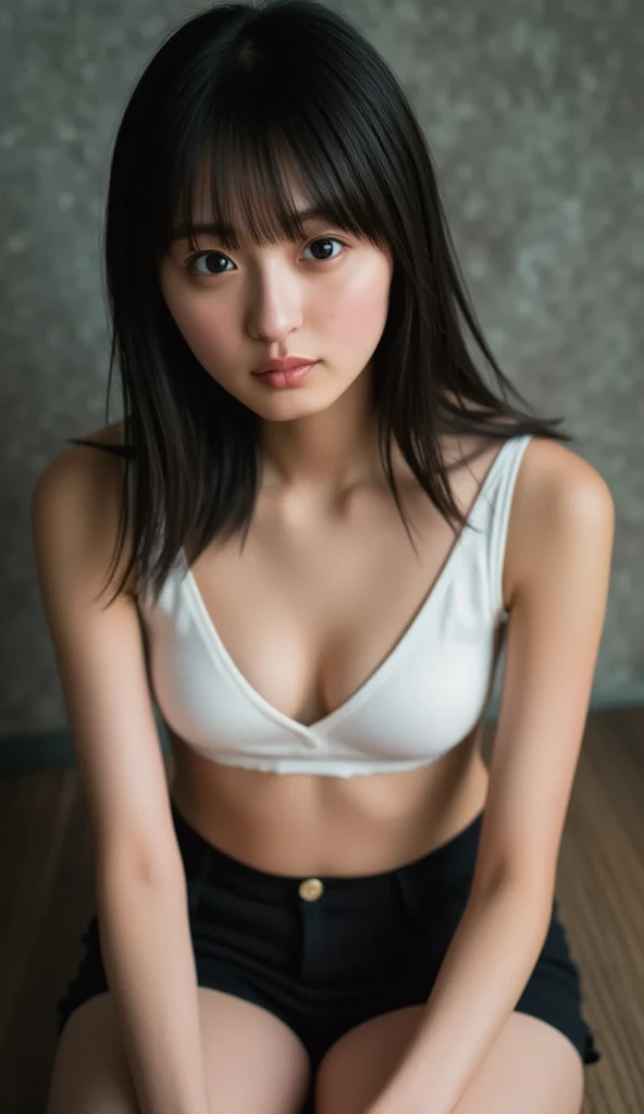 ((1girl)), woman, masterpiece, best quality, highest quality, cinematic lighting, (volumetric lighting), extremely detailed CG unity 8k wallpaper, focused, 8k wallpaper, extremely detailed, ultra realistic, photorealistic, sharp focus, absurdres, (HDR:1.2), (high contrast), photograph, detailed and intricate, instagram, portrait, highly detailed, digital painting, artstation, concept art, smooth, sharp focus, illustration, cinematic lighting, (big breast:1.3), (((skinny, slim legs))), (japanese idol posture), (wearing bikini, short pskirt, open shoulder, cleavage), looking at the viewer, ((Medium body shot, hip level shot)), aerial shot, long hair, (sitting, open legs), beautiful eyes.