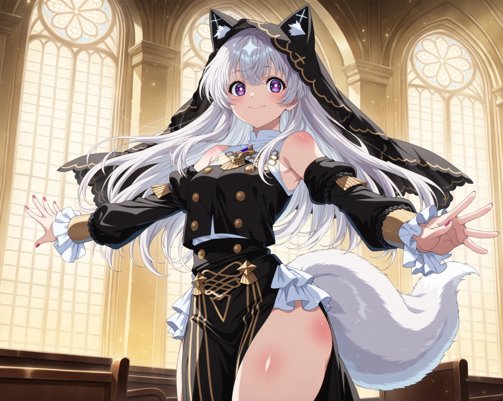 ((masterpiece, best quality)), (Pokémon), (sylveon) (furry), 4k, Detailed, Intricate Details, solo, one character, eye patch, woman with an eye patch, best quality, (female), fluffy fur, (tail), (2 ears), exposed navel, detailed breast, long flowing hair, fluffy fur around the neck, good anatomy, wide hips, wearing black poncho, looking at the viewer