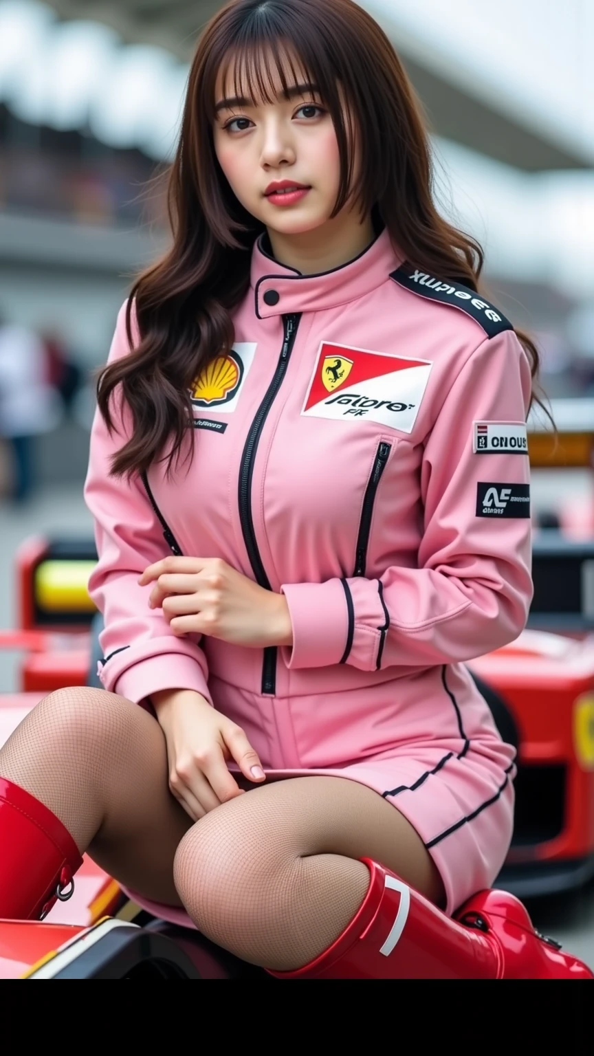 Female racer in red racing suit standing in front of red racing car Brown hair Ai Shinozaki Monza Circuit Stand with your arms crossed portrait porch