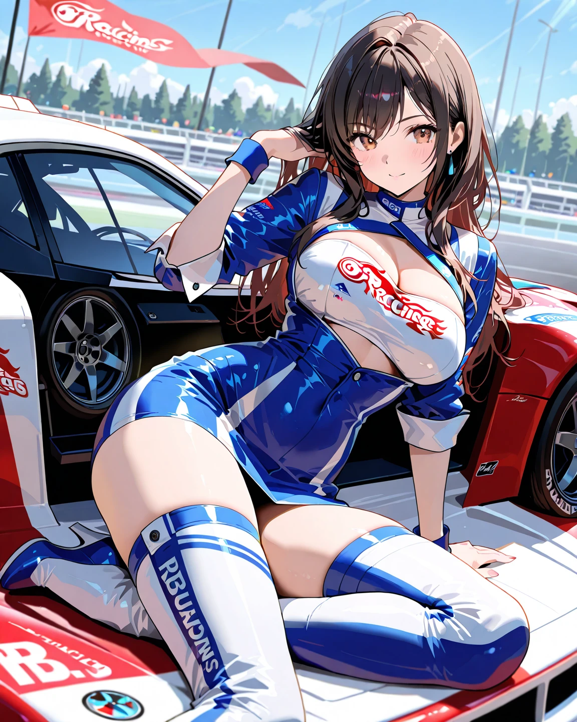a 20 yo woman、Wet dress、large full breasts、biomechanical oppai, oppai proportions, Shy smile、 knee high stockings, Adult Woman, (cum in vaginas:1.3), Long Wave Hair、dark brown hair, a miniskirt, (shiny skins), Brown-eyed, Kamimei、Long Wave Hair、puffies、Stockings、up skirt、Puffy hips、Large earrings、a necklace、 (Stand in a motorsport race)+, sexy hips、Kamimei、Chest opening、Chest Emphasis Pose、Pink panty、bra with pink lace