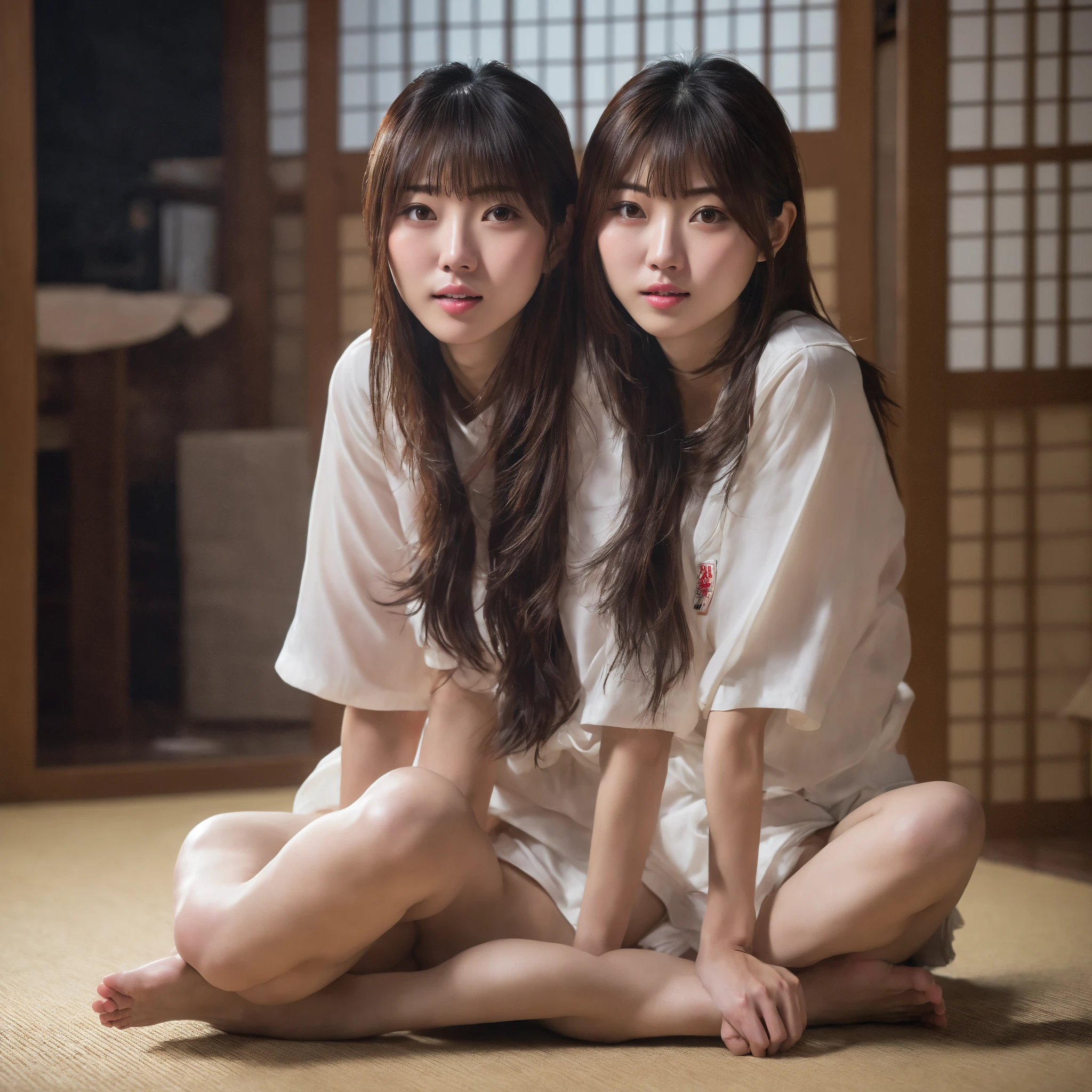 Magazine Cover:1.3、、(２分割photograph:1.3)、(Beautiful 9 year old Japanese female 夏、((Primary school students:1.3))、((primary school)),All are under 90cm tall:2.0、Spread your legs、squat、(Squat:1.3)、Showing off pussy:1.3), Cute face,（8K、Raw photography、Highest quality、masterpiece：1.2),(Black-haired、Curly Hair、ponytail:1.7),View Audience,Viewed from the front,erotic,((She is completely naked:1.4))、Thin chest、Small nipples、Small breasts、(Slim figure:1.3)、Ultra-high resolution,beautiful,beautiful 顔、,(alone, alone、 background:1.9),whole bodyボディー,、(black eye、Japanese women: 1.3),（Photorealistic：1.37）、Photon Mapping,reality、(Baby-faced and cute: 1.3)、(Cute Smile: 1.7)、With a round face、Physically Based Rendering、Depth of field rally background、photograph, (I can see your knees,Thigh close-up、Spread your legs、Showing off pussy:1.3),whole body、Super quality、(((There are many adult Yakuza men around the girl.:1.5)))、whole body撮影、、Full Body、From below、Put your hands behind your head