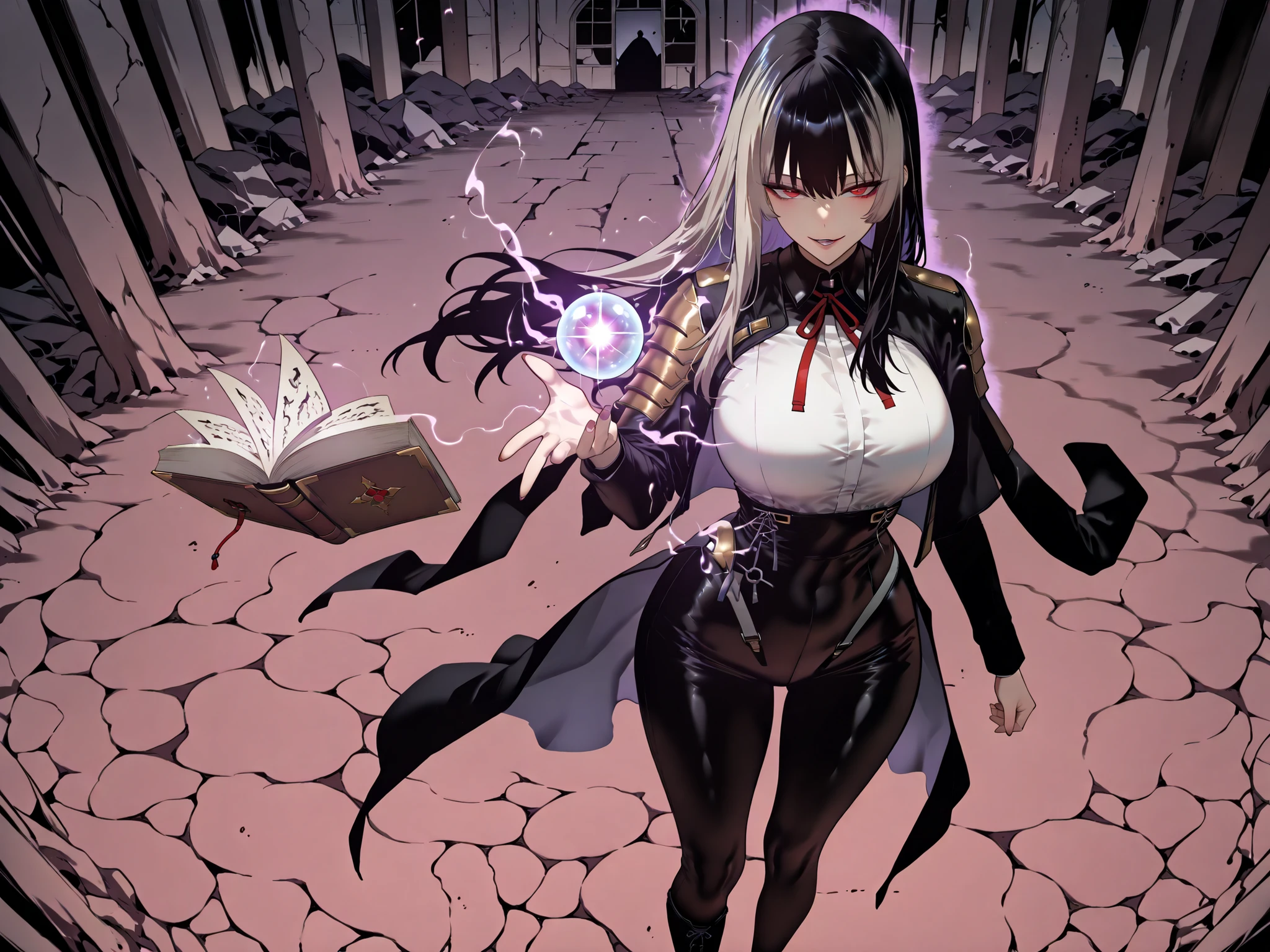 Ball of Light、雷magic、taken from above、caveの中、Ruins、black suit、black longsuit、 black long jacket、ゴスロリなshirt、Depressed、Tall Woman、A woman in her thirties、 Alassah's woman、Steins;Gate、 black longsuit 、score_9, score_8_up, score_7_up, Source_anime,masterpiece、No expression、no makeup、top quality,beautifully detailed eyes in a logistics warehouse, Exquisite Eyes、A sophisticated eye、highly detailed eyes and faces,unmotivated expression、lethargic face、 long breasts, Black Jacketを羽織る、Black Jacket、shirt, big saggy breasts, shockingly big breasts, big breasts,big boobs、boobs 、Zitoida, makeup、no makeup、long hair、smooth straight hair、black slacks、tall woman、Tall Woman、plump thighs, parted lips、 shining eyes,(Fire Aura Onkown),dungeon内、Crimson Eyes、long hair、dark haired、黒い髪、Long Straight Hair、dungeon、cave、Ruins、solo、soloプレイヤー、Wide ass、beautiful butt、and stick your butt into the focus of your butt、long boots、Shoulder Armor、Fearless Laugh、strong、Is confident、suit pants、黒いlong pants、Black Skinny、long pants、Dynamic、Satu、fight、Satu狂、俺だけレベルupな件、arrogant、 Confidence々The smile 、bewitching smile、Sadist、Satu中、hunting、hunting、intimidating、magic使い、magic、Spell Book、magic、Spell Book、magicの本、Floating Book、floating book、Pearl of Light、Light Ball、 Floating Books、Flying Book、左手にmagicの玉、plasma、plasma球、Glowing sphere、Flying Book