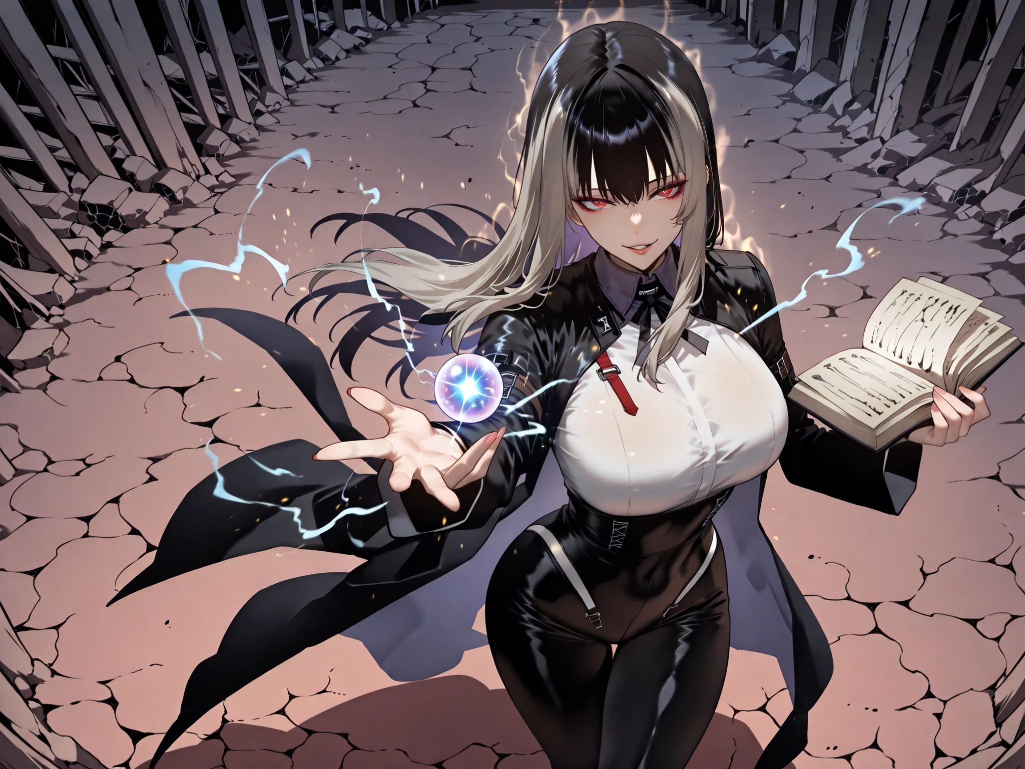 Ball of Light、雷magic、taken from above、caveの中、Ruins、black suit、black longsuit、 black long jacket、ゴスロリなshirt、Depressed、Tall Woman、A woman in her thirties、 Alassah's woman、Steins;Gate、 black longsuit 、score_9, score_8_up, score_7_up, Source_anime,masterpiece、No expression、no makeup、top quality,beautifully detailed eyes in a logistics warehouse, Exquisite Eyes、A sophisticated eye、highly detailed eyes and faces,unmotivated expression、lethargic face、 long breasts, Black Jacketを羽織る、Black Jacket、shirt, big saggy breasts, shockingly big breasts, big breasts,big boobs、boobs 、Zitoida, makeup、no makeup、long hair、smooth straight hair、black slacks、tall woman、Tall Woman、plump thighs, parted lips、 shining eyes,(Fire Aura Onkown),dungeon内、Crimson Eyes、long hair、dark haired、黒い髪、Long Straight Hair、dungeon、cave、Ruins、solo、soloプレイヤー、Wide ass、beautiful butt、and stick your butt into the focus of your butt、long boots、Shoulder Armor、Fearless Laugh、strong、Is confident、suit pants、黒いlong pants、Black Skinny、long pants、Dynamic、Satu、fight、Satu狂、俺だけレベルupな件、arrogant、 Confidence々The smile 、bewitching smile、Sadist、Satu中、hunting、hunting、intimidating、magic使い、magic、Spell Book、magic、Spell Book、magicの本、Floating Book、floating book、Pearl of Light、Light Ball、 Floating Books、Flying Book、左手にmagicの玉、plasma、plasma球、Glowing sphere、Flying Book