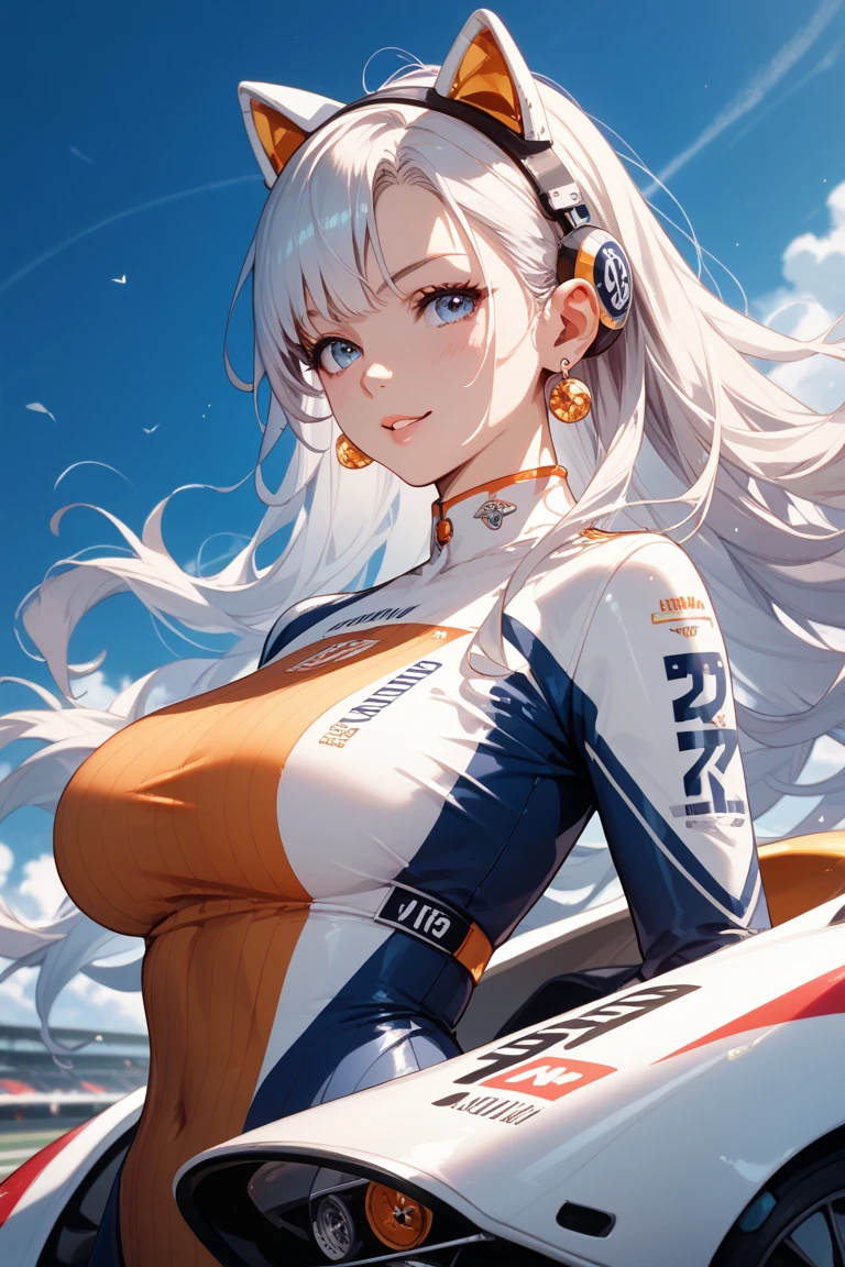 Highest quality, Super quality, 16K, Incredibly absurd, Very detailed, 2.5D, delicate and dynamic, blue sky, Confetti, Racing Car, Flag, Small face, Extremely delicate facial expression, Delicate eye depiction, Extremely detailed hair, Upper body close-up, erotic, sole sexy Japanese lady, healthy shaped body, 22 years old lady, Race Queen,  huge firm bouncing busts, white silver long hair, sexy long legs, Glowing Skin, Soft Skin, 派手なRace Queenのコスチューム, blue tight skirt, white leather long boots, Formula 1, Auto Racing Track