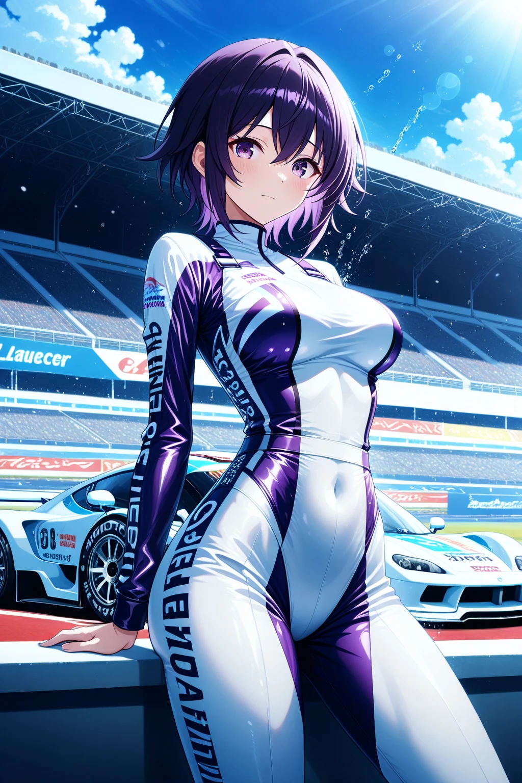 (masterpiece:1.2, highest quality), (Realistic, photoRealistic:1.4), Beautiful illustrations, (Natural Side Lighting, Cinema Lighting), avert your eyes, (Cowboy Shot), 2 girls, Grid Girls, 40 years old, (((Mature Woman))), (Beautiful anime faces), Japanese, Perfect Face, Perfect Anatomy, Symmetrical cute face, Shiny skin, Blunt bangs, (Intense glowing purple eyes:1.3), Beautiful Hair, Beautiful Face, Beautiful clavicle, Beautiful body, Beautiful breasts, Beautiful thighs, Beautiful feet, Beautiful fingers, (Perfect Face, Perfect Anatomy), (Two legs, Five Fingers), ((Grid Girls, Racing Suits, Race Queen Costume:1.3. Purple and black bodysuit with sponsor logos:1.3, Shiny arm covers:1.3, Shiny knee-high boots:1.3)), (Beautiful views), Written boundary depth,((Tall Woman), (Slim figure), (small breasts directed upwards)), (Randomly changing obscene poses:1.3), ((A tiny remote vibrator is attached to the pussy), (Intense orgasm:1.2), (Holding the vibrator holder in her right hand)),