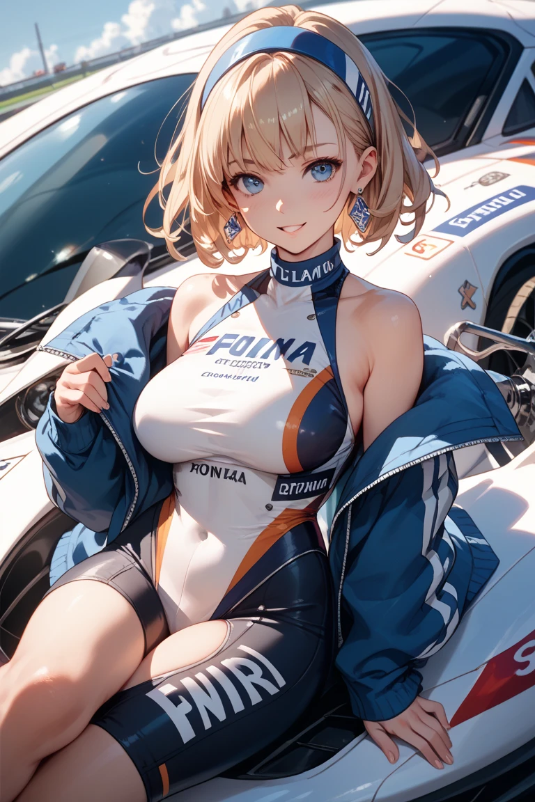 a girl in space suit in 3d space program fashion posing nude with her hands out, 1girl, solo, breasts, green eyes, race queen, blonde hair, leotard, visor cap, looking at viewer, thighhighs, open mouth, white leotard, standing, hair bun