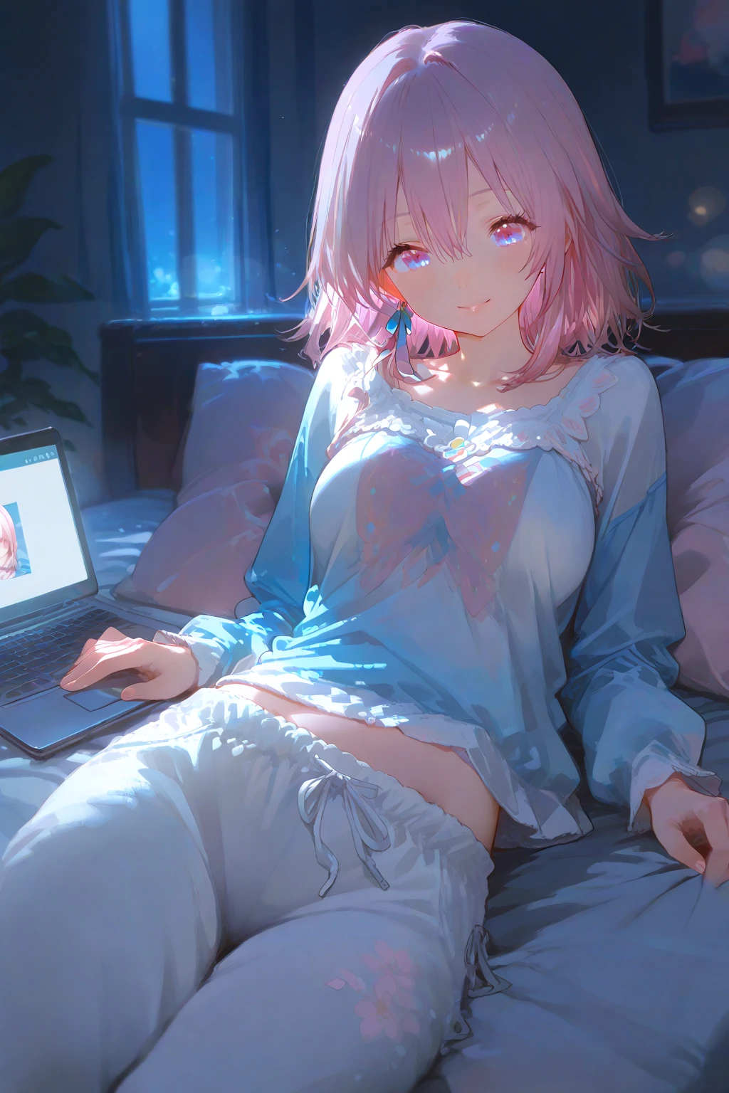 ピンクと白のオフショルダーのshort hair，white floral dress，A dignified and wonderful teacher, beautiful girl、(micro:1.4)lace panties、watching from a distance、big breasts、((sleeping sideways on bed))、sleeping sidewayessy hair、(pink blush)、(illuminate)、[[spread legs、spread your legs]]、NSFW、Big breasted elementary school girl、short hair、red face、shyly、mock、Please open your mouth just a little、Camisole for elementary school girls showing their breasts、String panties for elementary school girls、spread your legs wideソファに座っている、spread your legs wide、crotch cloth of String panties for elementary school girls、In the living room