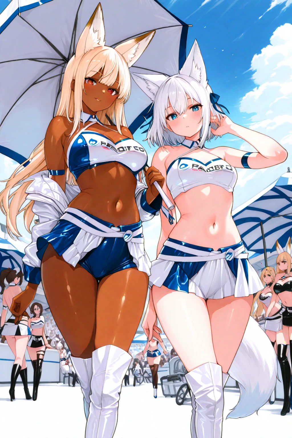 2 girls, girl racers, dark skinned with tanlines, topless, formula one race paddock, small breasts, fat ass, bubble booty, boots, covered in cum, covered in money, high quality resolution, very high quality, beautiful anime eyes, comparing asses, leaning against racecar, smiling
