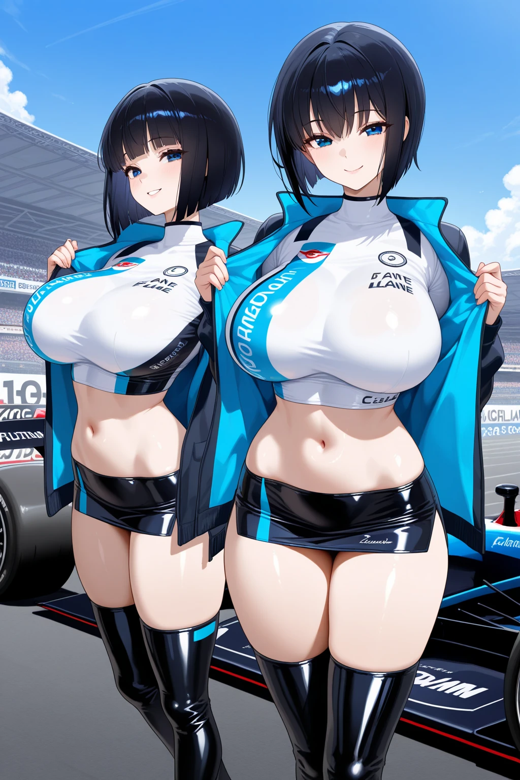 (masterpiece, best quality: 1.2), pretty girl, 18 yo, (white, race queen), (fight-fitting grid girl outfit with sponsor's logo printed:1.3), tight-fitting high leg leotard, long-sleeve latex leotard, medium breasts, cowboy shot, looking at viewer,
 short hair, 