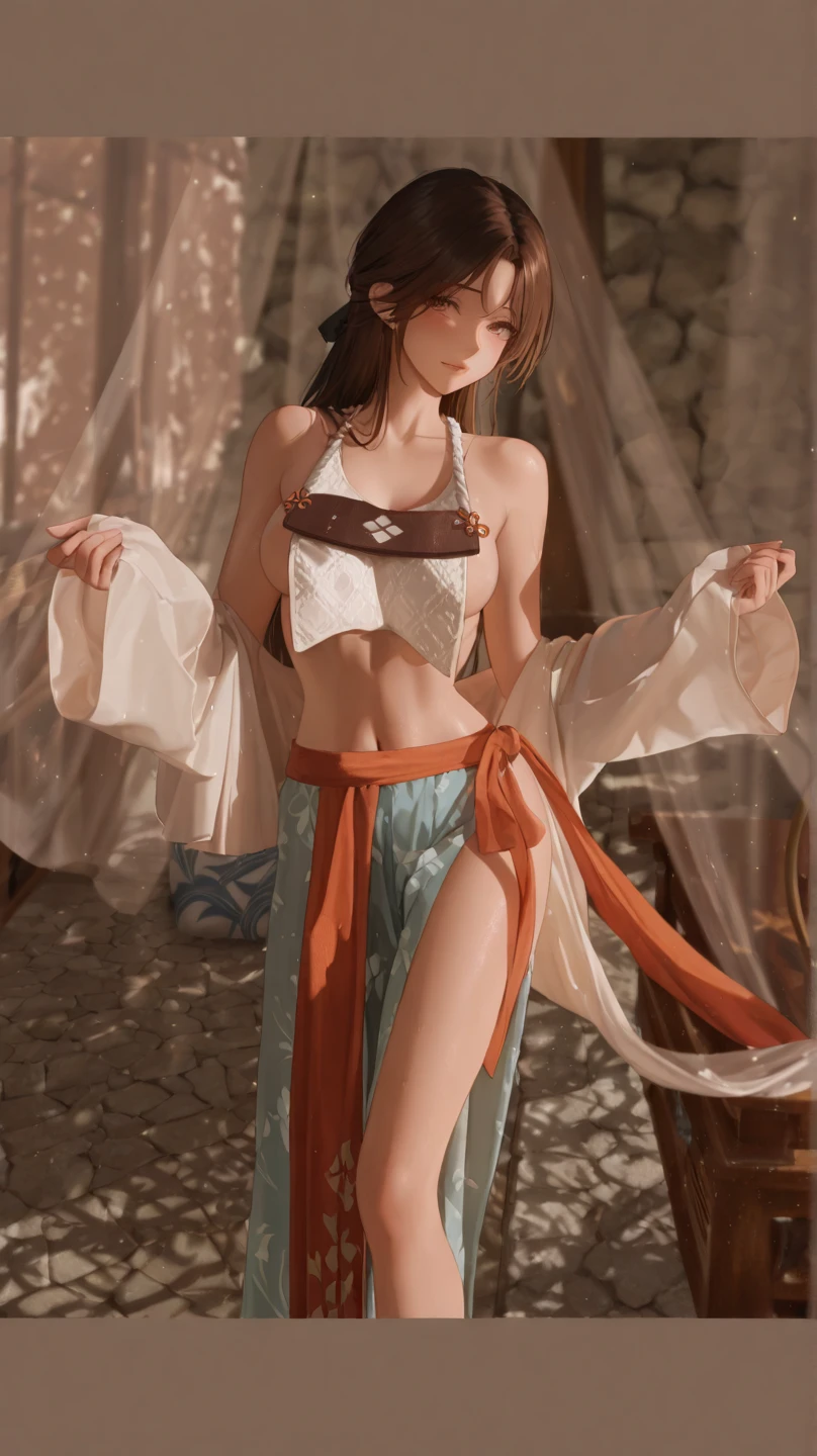 photorealistic, dynamic pose, low angle, ultra high details, 1girl, delicate face, innocent, pale skin, skinny, butterfly headband, (long hair with full bangs):1.2, ((rope choker, rugged white kimono, huge rope belt, (rugged red linen short shorts with open sides), (black thigh highs)):1.2), panty visible, (small waist):1.3, ((wide thigh gap):1.2, (wide thighs):1.2), masterpiece
