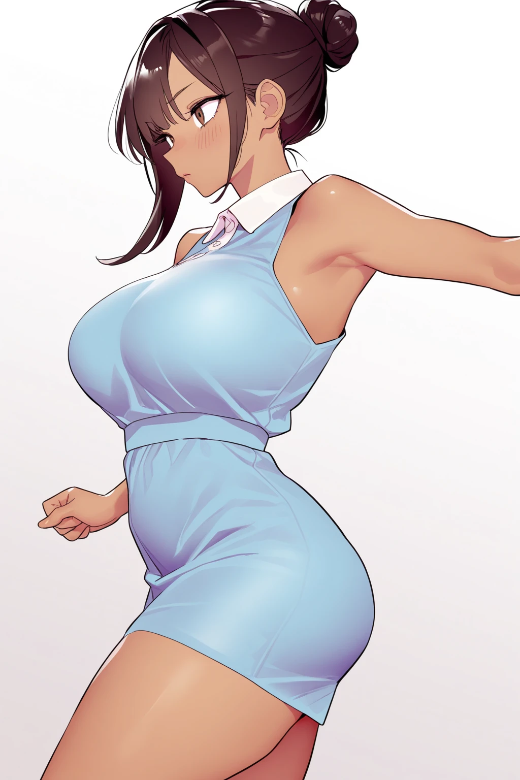 masterpiece,best quality,highres,ultra-detailed,aamiku,long hair,bangs,hair between eyes,large breasts,(sweater:1.2),(turtleneck:1.2),street,smile,standing,(sleeveless:1.4),arm_behind_head,arms_up,cowboy shot,