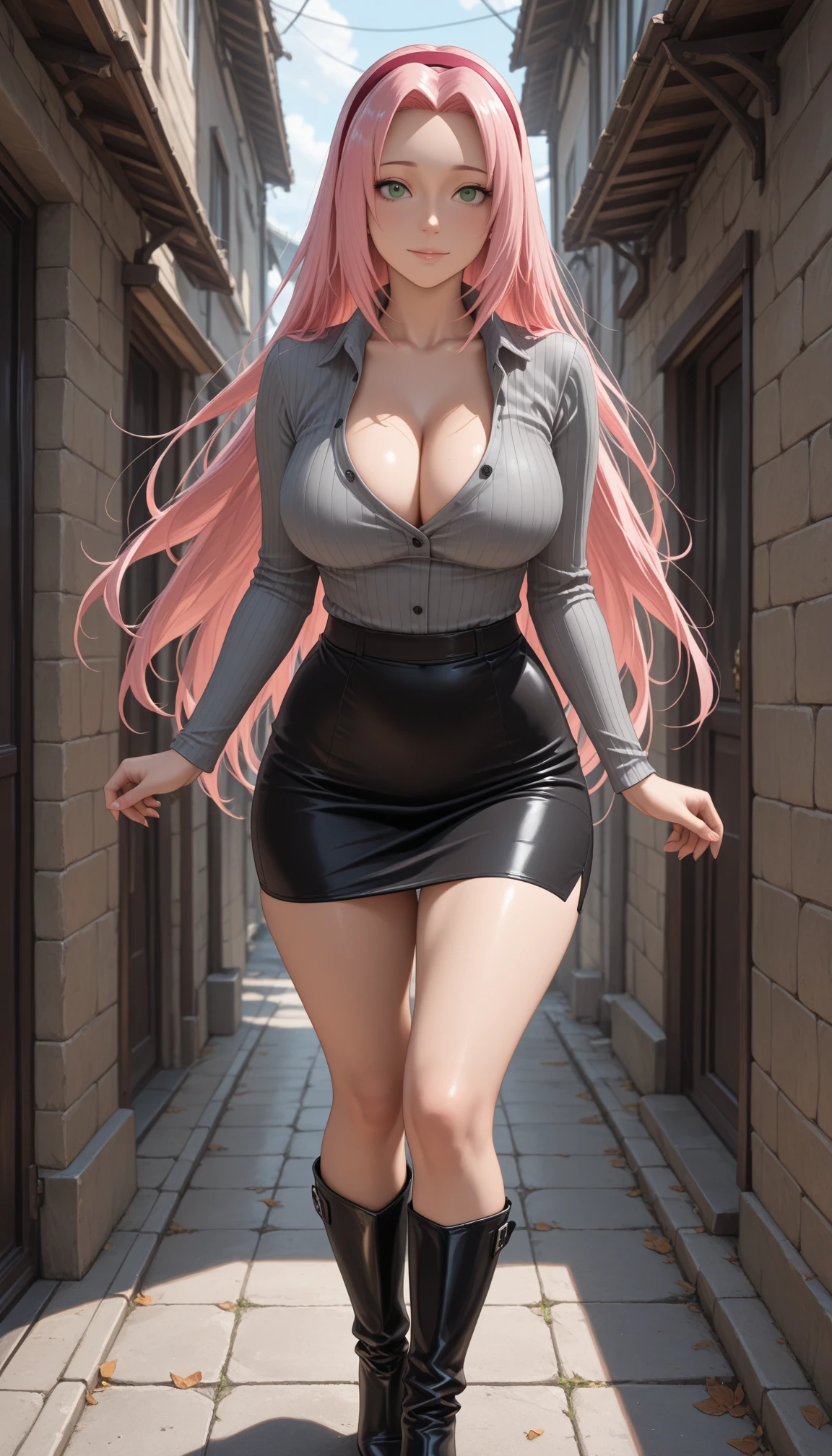 (ultra realistic,32k, masterpiece:1.2),(high detailed skin:1.1),( high quality:1.1),
(happy:1.1),hex maniac (pokemon),long chestnut-red hair, white hairband, purple eyes,shirt, short sleeves, ruffle skirt, thigh highs, wide hips, thicc thighs, blurry background,,(looking at viewer, standing,:1.1),, (massisve breast,huge breast,large breast:1.1),(lighting:1.1),