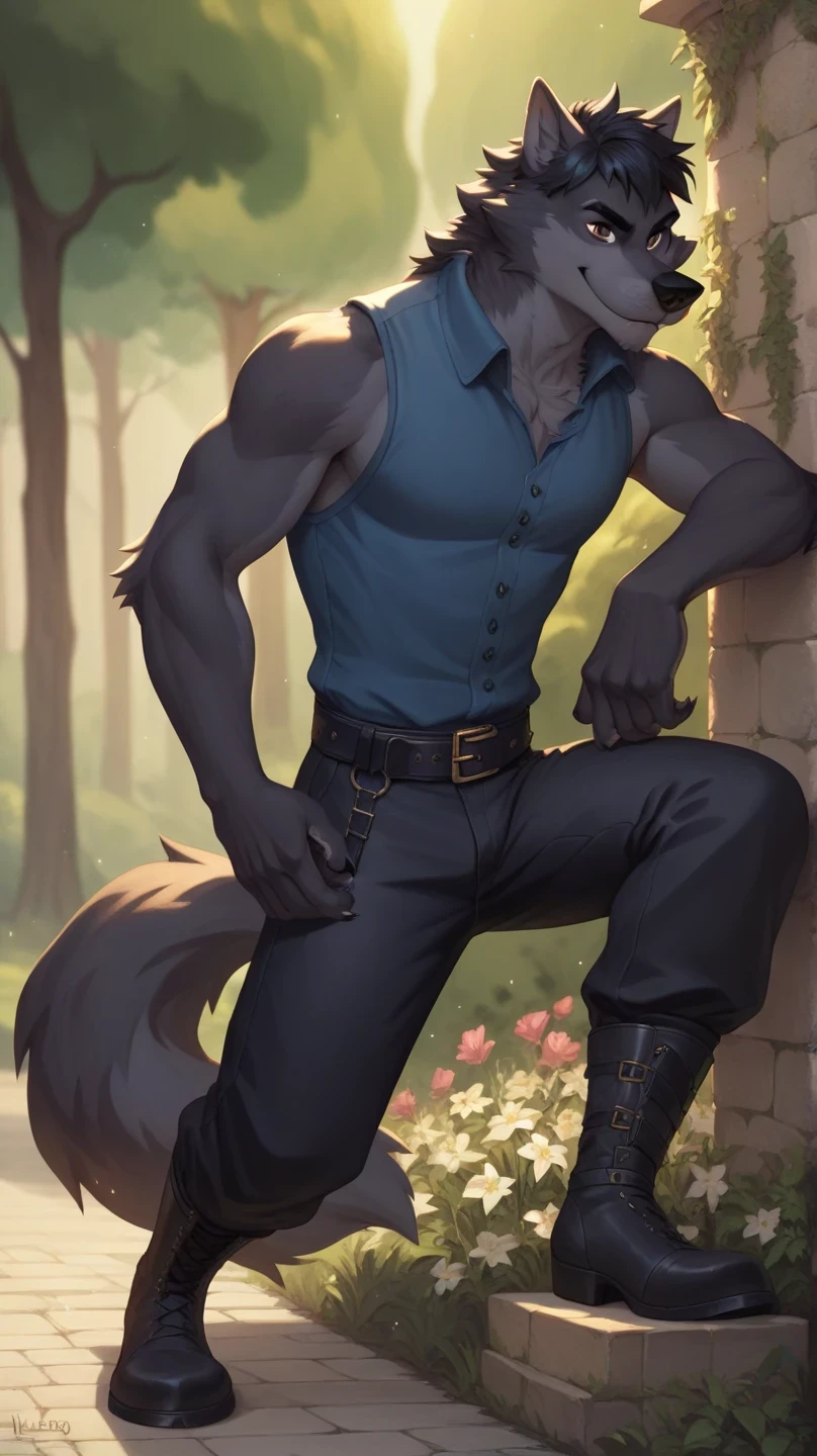 lupine , furry, Male black wolf,wolf tail, black hair, lobo, eyes, brown eyes, blue sleeveless shirt, black pants, black medieval boots, black belt,semi-antro , Alone
