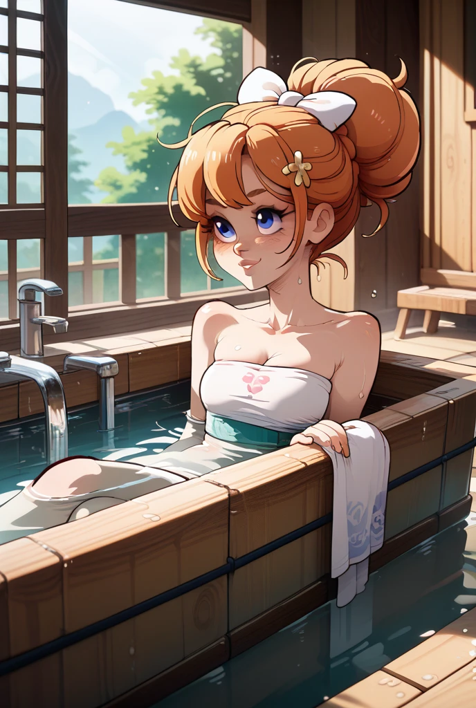 mrs yuigahama, orange hair, hair bun, epic art, fantasy, towel, 1girl, breasts, large_breasts, solo, looking_at_viewer, petals, cleavage, sitting, water, collarbone, towel_on_head, "Photorealistic, Hyperrealistic, Hyperdetailed, analog style, soft lighting, subsurface scattering, realistic, heavy shadow, masterpiece, best quality, ultra realistic, 8k, golden ratio, Intricate, High Detail, film photography, soft focus", anime coloring, anime screencap, sweating, steaming body, fog