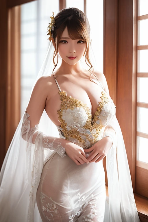 Charming,A head of exquisite silver long hair、beautiful eyes ,Beautiful lips with a sense of transparency、Openwork white dress,Showing off beautiful round breasts, Press chest together ,Gold and jewelry ,not good, Hips up , Pose from all angles , outdoor, Beautiful Victorian Garden Style, Scenery background , Dramatic Lighting