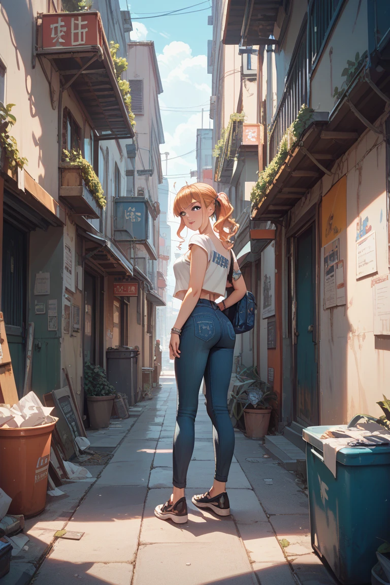 gal girl，Partial bangs(2:1)，Yellow hair（Redhead）,Red pick dye，Double ponytail，Eye tail up，orange eyes，juvenile sense，white tank-top，Loose cargo pants。 --auto