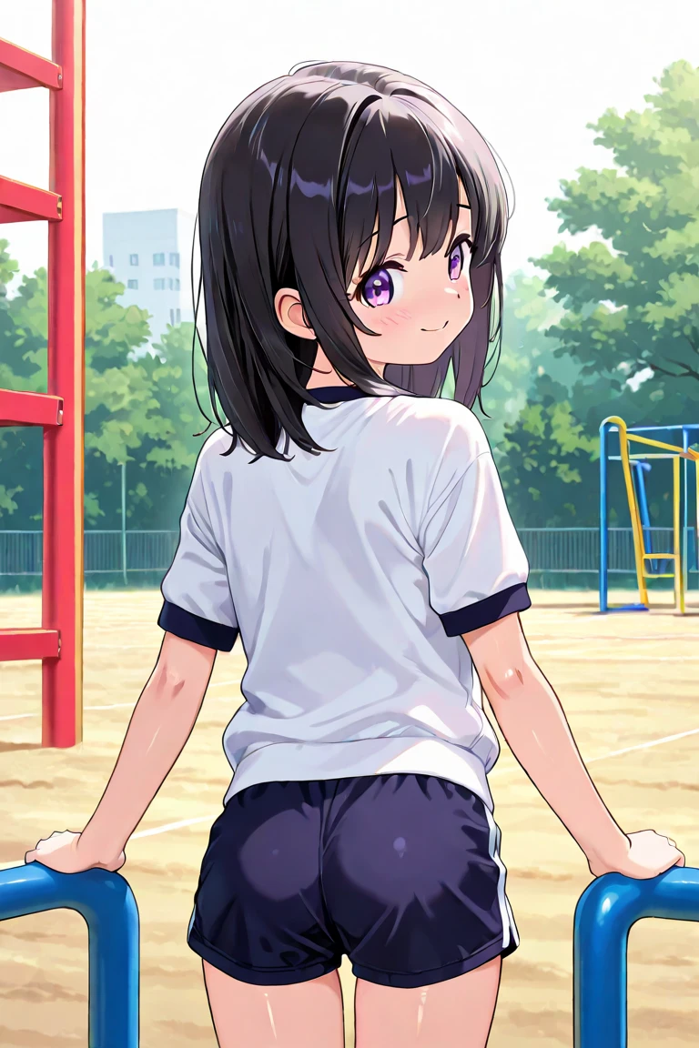 (high quality), (Masterpiece), (Very detailed), girl, (very small bust), short brown hair, purple eyes, shy face, (loli de primary), showing her thighs, in the school yard, sunny, camera angle from below, adorable eyes, (primary school uniform) NSFW
