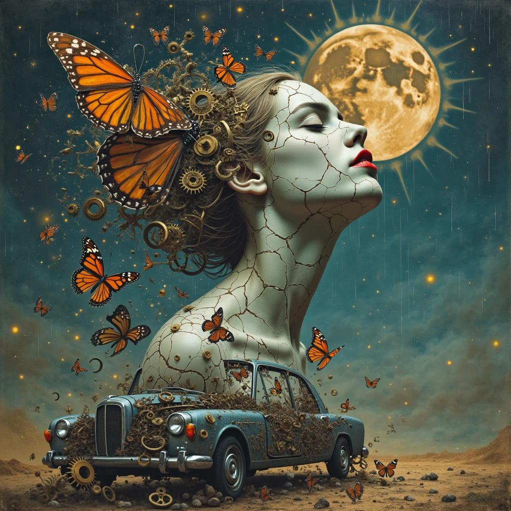 Digital art by Ray Caesar and Hannah Hch and Stephen Burrows, of a beautiful young woman in an action pose, centered in frame, wide shot, perky breasts, mask, pop surrealism, neo-dada, spectacular, spectacle, masterpiece, private collection, curated collection, behance, 3d render, cracked clay, gothic, bright colors, oversaturated, depth, spirals, fibonacci sequences, shells, wings, butterflies, flowers, gears, tunnels, surreal environment, fractals geometry, game assets, city scene, modern makeup, long eyelashes, rain drops, chiffon dress, rococo, bracelets, punk rock, subversive art, dirty, grime, dingey, mid cut jeans, specular highlights, reflections, ambient occlusion render, detailed, Marching squares, ((iso lines)), armature, detailed, elaborate, complex, desert, mountains, carriages, cars, stormy sky, moonlight