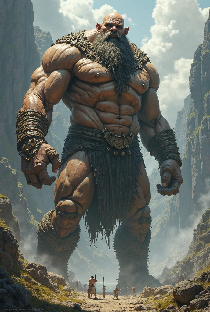 A burly, virile, and extremely hairy man who exudes an overwhelming sense of power and masculinity. His body is overmuscular and musclebound, with bulging veiny muscles that seem to strain against his skin. Broad shoulders and a wide chest adorn his massive frame, while his arms and legs are overly thick and defined, making him appear incredibly strong and imposing. His thick body gives him a hulking figure, with swelling muscles that seem to burst from every angle. The man sports a long, bushy beard and a thick mustache, adding to his rugged and masculine appearance. His grey hair only serves to further emphasize his age and experience, yet it does nothing to diminish his intimidating presence. His square-jawed face is set in a stoic expression, conveying determination and strength of character. Dressed only in a loincloth that struggles to contain his massive physique, this virile, hairy man stands tall and proud, exuding an aura of raw masculinity and unbridled power.