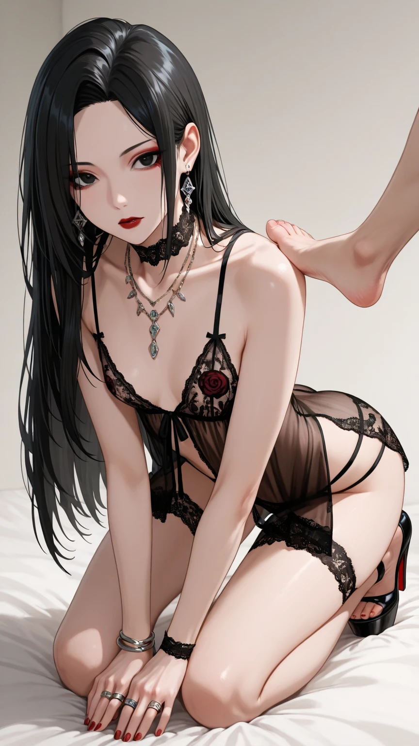 Mastrpice detalhado , Loli girl  child infant body  , very long black hair frinje  , angry face  , seios planos nun   , black lingerie   long socks  , sit armchair 
 Very open legs , mansion , 