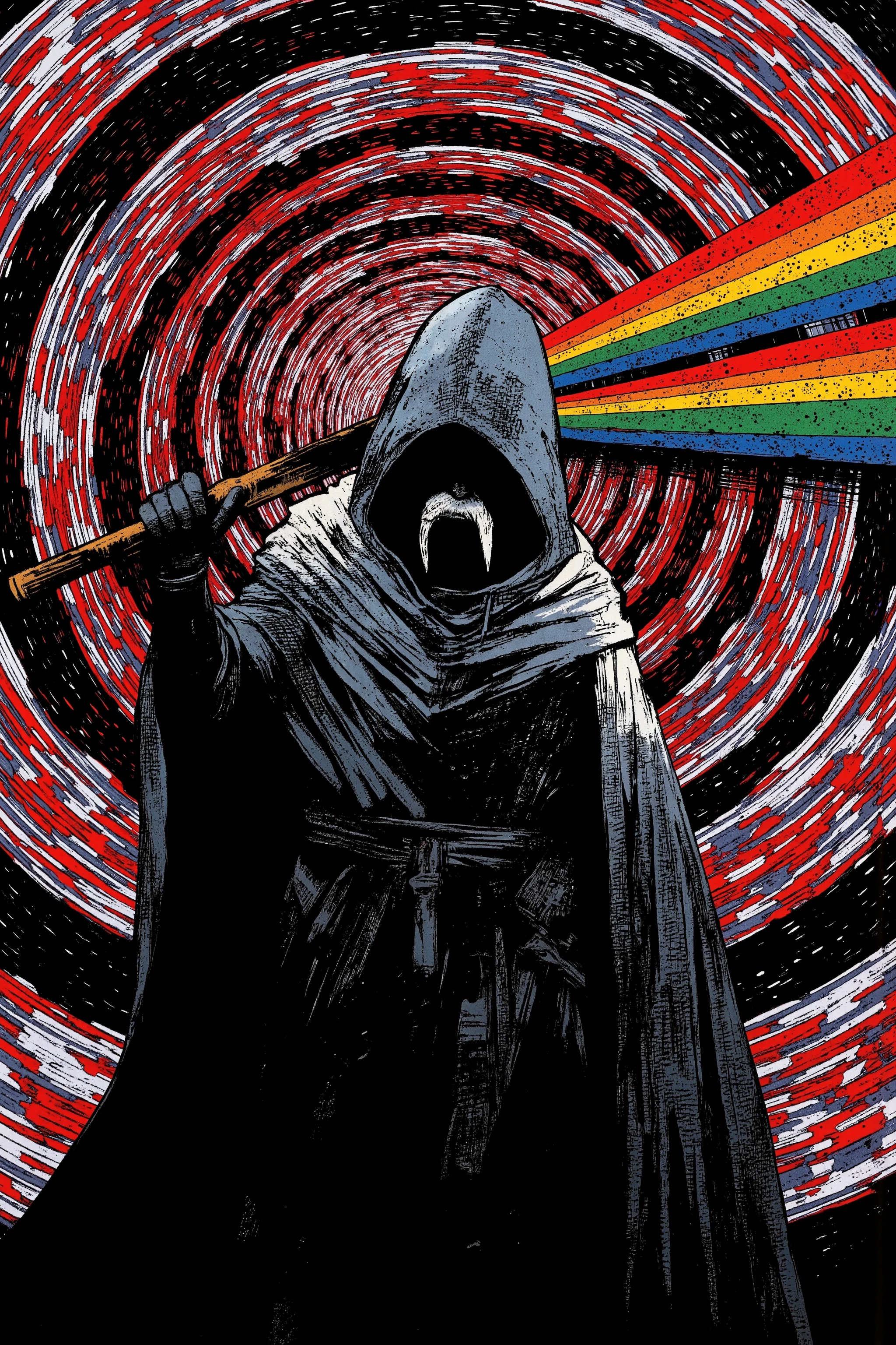 An eerie and surreal image depicting a figure cloaked in a dark mantle, whose textured robe evokes the garb of a hermit. The figure has an elongated, distinctive chin beard and holds a staff raised to the sky, exuding a mystical and unsettling atmosphere. The entire scene is dominated by concentric circles radiating outwards from the center, featuring a hypnotic pattern of red, rainbow colors contrasting with blue, white, and a black background. The circles give the image a sense of motion and depth, with lines seemingly converging at the tip of the staff. Rainbow-colored beams extend horizontally from the staff, emphasizing a hypnotic and otherworldly theme. The composition is remarkably balanced, with the figure slightly off-center to enhance the disorienting effect, blending eeriness with fascination for a deeper meditation. The robed man stands in front of the circular pattern. The style is psychedelic glitch art, psychedelic visuals, glitch art influenced by Dan Hillier, featuring a hooded figure in a surreal manner. It embodies Dan Hillier’s style, trippy visuals, digital illustrations radiating outward, psychedelic cosmic horror, and a dark psychedelic style.