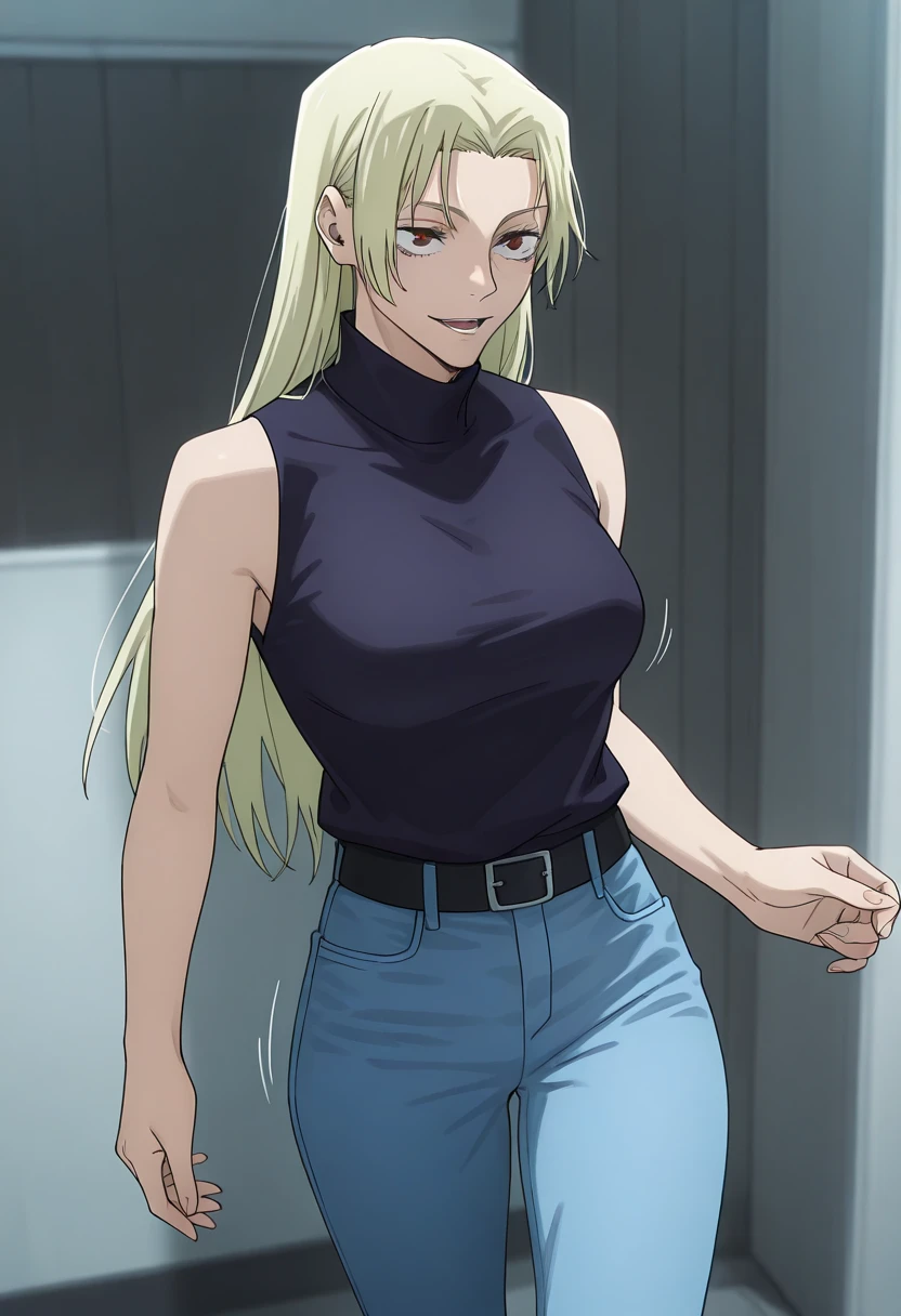 1 girl, alone, yuki tsukumo, ((best quality)), ((highly detailed)), masterpiece, detailed, large breasts, medium waist, wide hips, medium thighs, round butt, mature woman, blonde, long hair, female focus, sexy body, seductive smile, standing, room, bedroom, alone, black shirt, turtleneck, sleeveless, looking at viewer, from behind, point of view (from below), blue jeans, skinny jeans, shot cowboy, smile, hand on hip, perfect hands, perfect anatomy