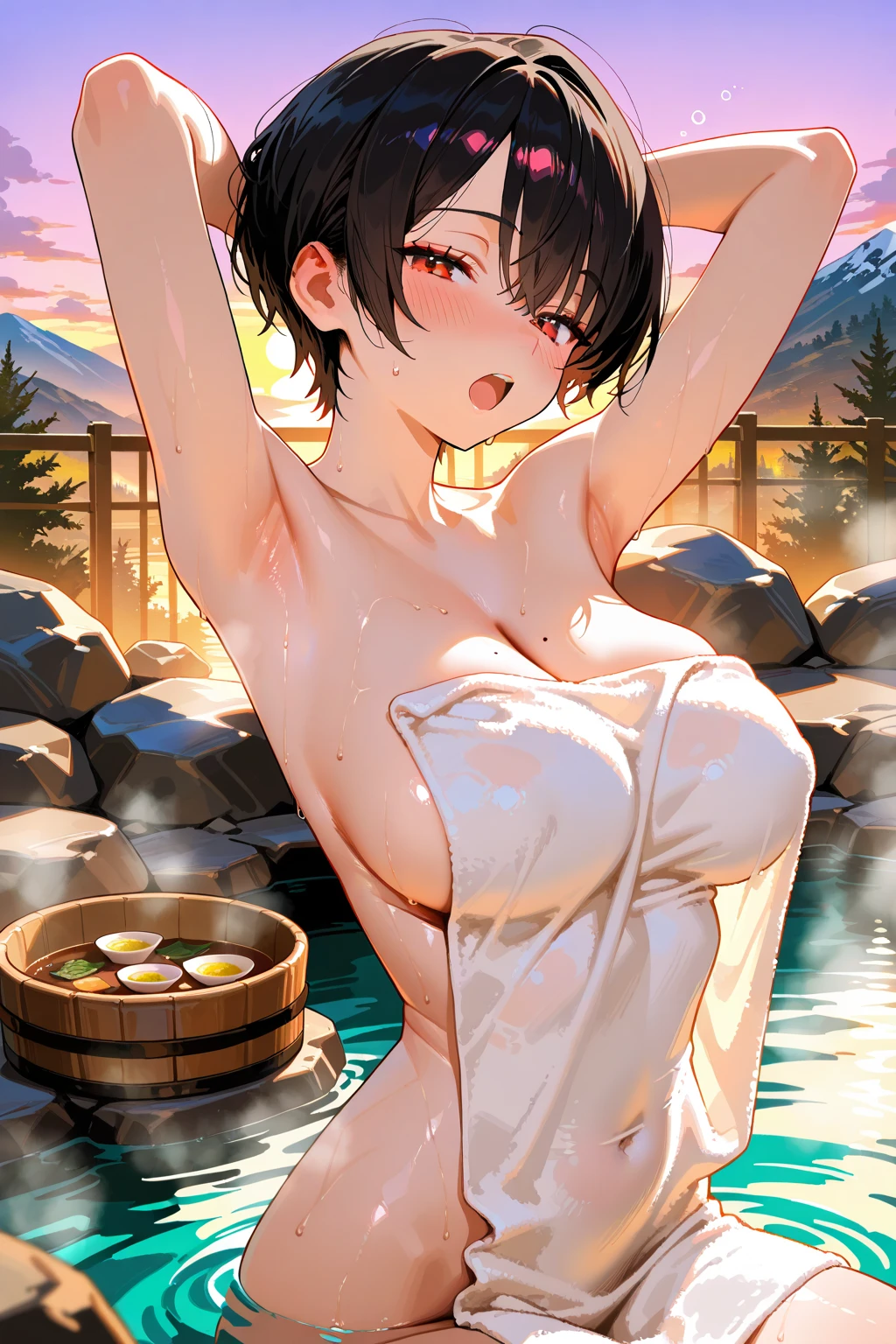 highest quality、masterpiece、Super detailed、Ultra high definition、1 female、solo、25 years old、(Soft bust:1.2)、(Natural big breasts)、light pink areola and nipples,、(Sagging nipples)、(stick out one's chest)、(Slender body shape)、(View landscape:1.2)、(view audience:1.2)、(Warm up in a hot spring)、(White highlights of the pupil:1.2)、dark red-brown eyes、(black haired:1.2)、wet hair、(white skin)、textured skin、wet skin、(blush:1.2)、smile、closed mouth、(big hot spring bath:1.2)、(steam:1.2)、(flowers floating in hot water)、(Blur the background a lot to make the woman stand out:1.3)、(sunlight shines in)