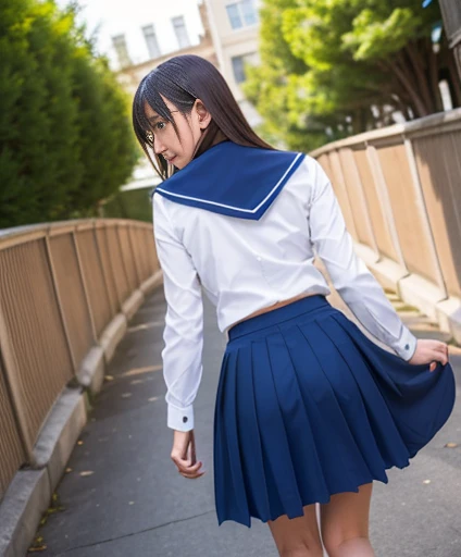 (masterpiece、Highest quality、Highest Resolution、clear_image、Detailed explanation): (Full body image up to the legs、15-year-old girl、Sexy ass crack、From behind,Sitting on a bench, Beautiful Japanese , (smile:0.5), (Looking at the audience), 30 years old, Slightly thicker,, Tight black pleated long skirt, Office Room, machine, (Small breasts, Hips:1.2), Beautiful face in every detail, short hair, From below,Sailor suit、Put your hand on the wall