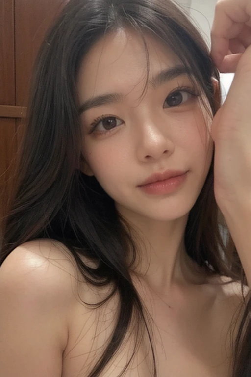 8K, Best Quality, Masterpiece, Ultra High Resolution, (Realism: 1.4), Original Photo, (True Skin Texture: 1.3), (Film Grain: 1.3), (Selfie Angle), 1 Girl, Beautiful Emerald Gemstone Eyes and Delicate Face Details, Pink Top, Masterpiece, Best Quality, Close-up, Upper Body, Looking at the Viewer, (Smile: 1.5)
