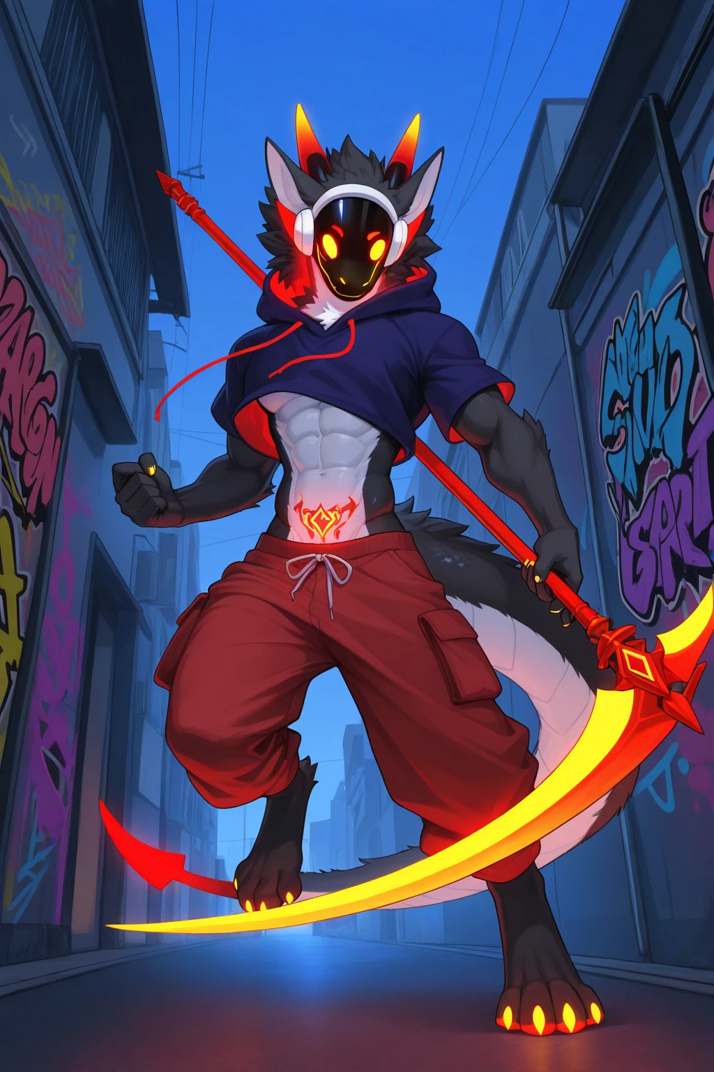 masterpiece, best quality, 1boy, (sukuna), red hair, black eyes, , smiling, evil smile, angry face, aura power, night, natural light, standing, standing inside his domain, angry eyes, evil smiling, male focus, strong muscles, tall guy, movie composition, standing, bokeh, (futuristic), (full body), scary look, godly strength, tattoo, tattoo on face, tattoo on body
