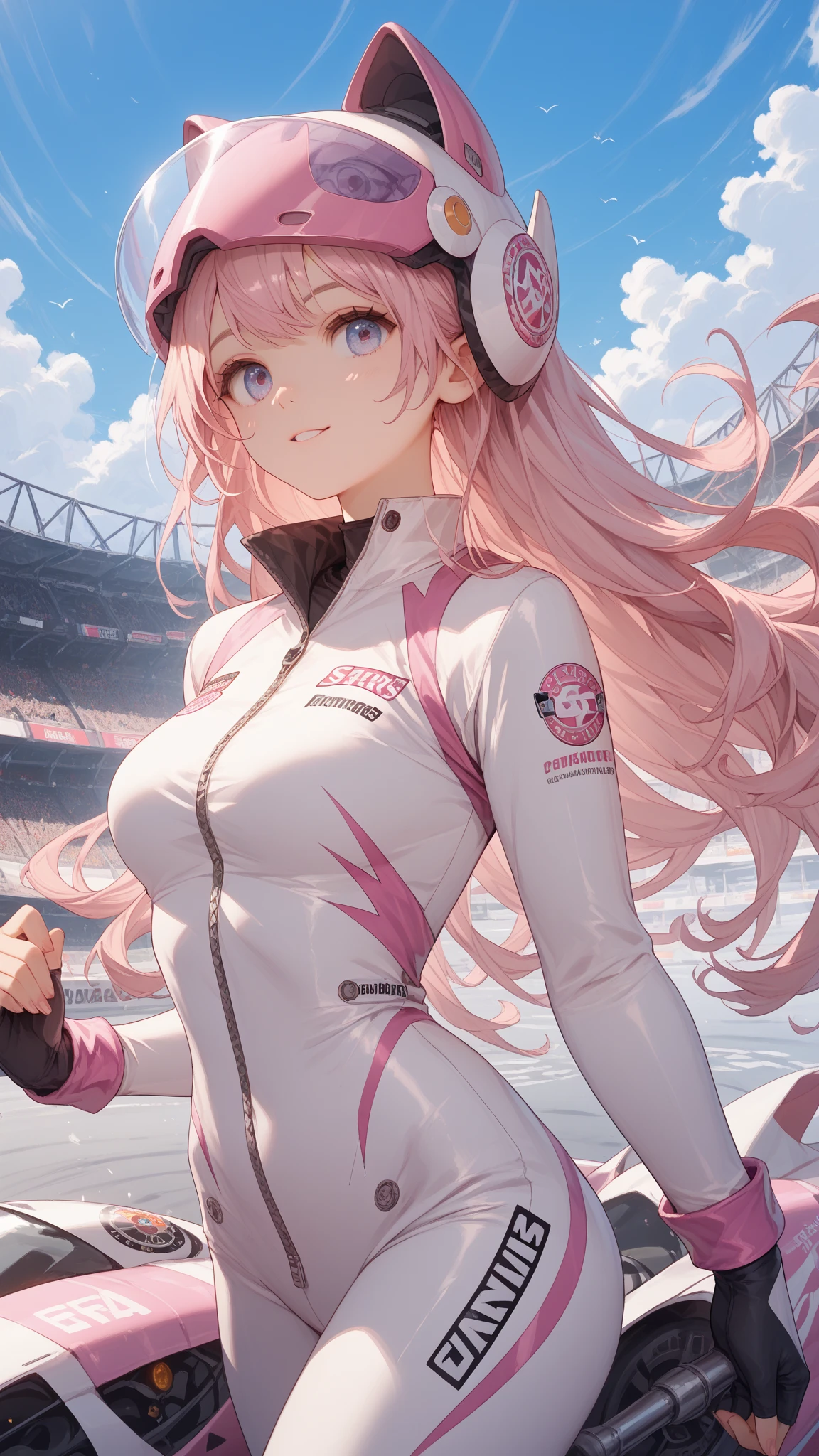 A woman wearing a pink and black racing queen outfit, big breasts, leather stockings, leather boots, walking on the promenade of the race track, daytime venue, race cars in the background, hot pink hair with long silver strands, hair down, surrealism, drop shadow, anaglyph, stereogram, tachi-e, pov, atmospheric perspective, surrealism, flower, 8k, super detail, accurate, best quality, UHD, anatomically correct, textured skin, high quality,
