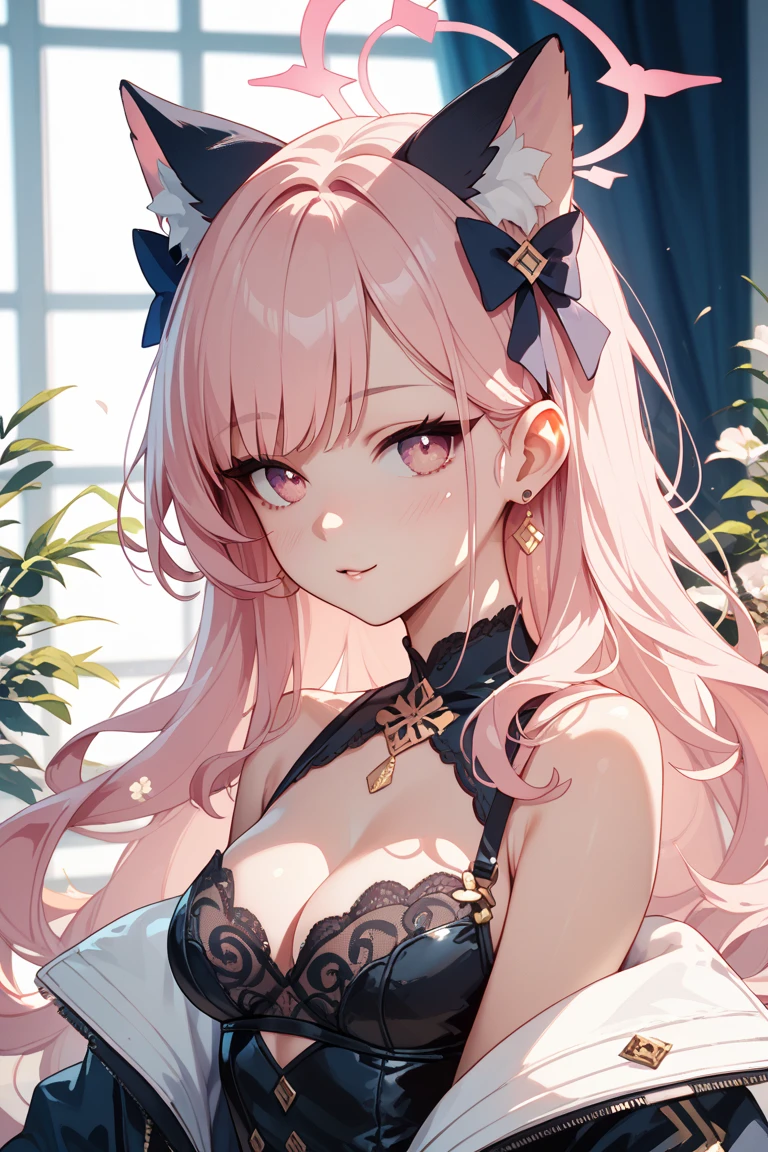 anime (🦊 fox ears, enchanting pink hair, focused on ample bosom, ample bosom, gorgeous lace gown, ass