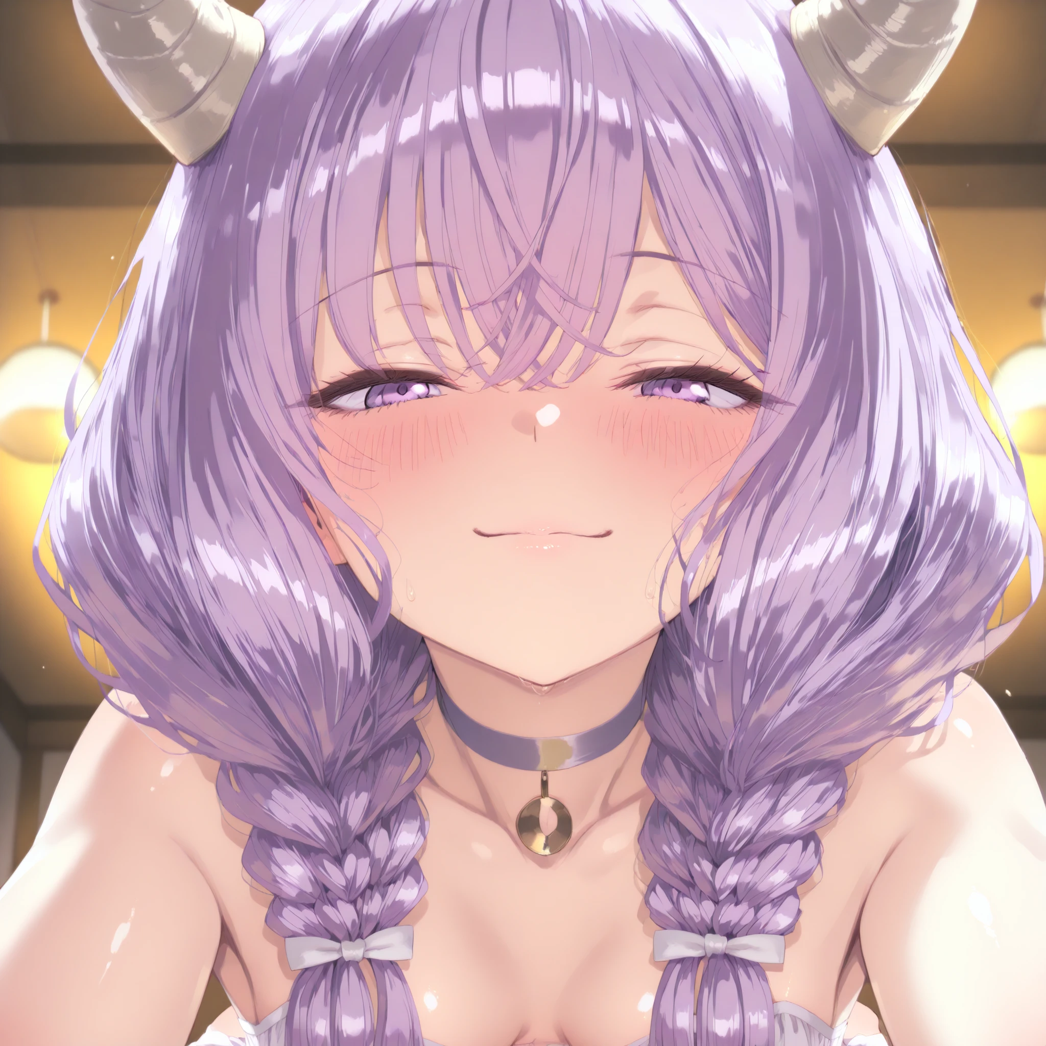((masterpiece,best quality)),high resolution,ultra detailed,8k,16k,detailed background,perfect lighting,detailed beautiful eyes, 1girl,solo,embarrassed,blush,steam,sweat,breath,saliva trail, (happy smile:1.2)(screaming,oral:1.4),(from above:1.4),(from front),portrait,seductive eyes,be breathless,chin up,fisheye lens,stick tongue out,kneeling,,light purple hair, eyes,short stature,long hair,horn,flat chest,kawaii,wooden house,dwarf,short stature,child_body,anime style,(shiratsuyu),(nude:1.4),