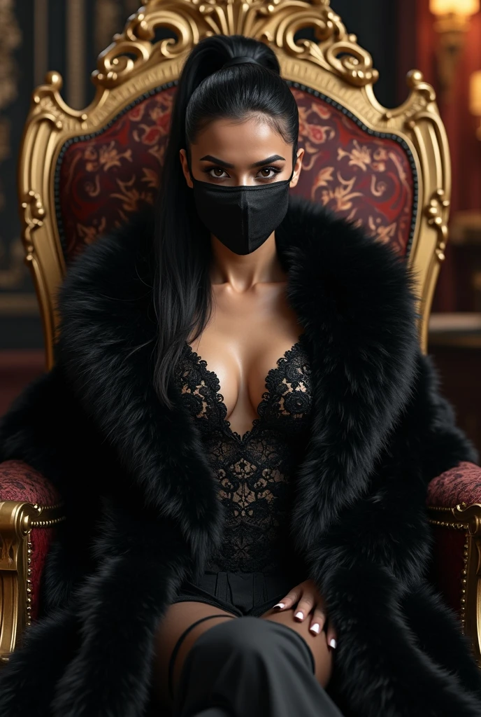 Create an ultra high-resolution realistic image featuring a dark-skinned woman in her early 30s, curvaceous exuding a findom dominance persona characterized by luxury, power, and wealth. The woman is wearing a sophisticated masquerade mask, adding an air of mystery and elegance to her appearance. She is dressed in an elegant, high-fashion outfit, The background is a sophisticated, opulent setting with rich decor, including velvet drapes, plush furniture, and ambient lighting that casts a warm glow. High-end accessories like stacks of money, designer handbags, and fine jewelry are strategically placed around her to highlight her power and wealth. The woman has an elegant posture that underscores her commanding presence.