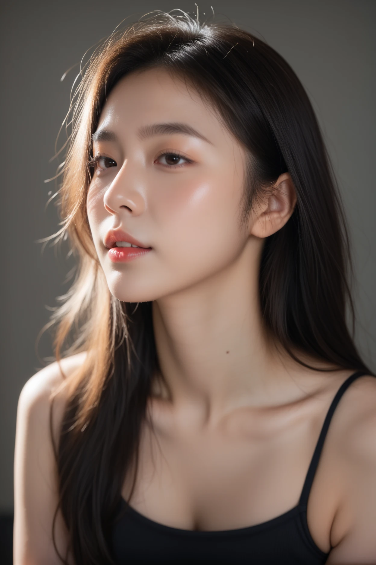 best quality, epic reality, ((in the pitch black darkness :1.4)), ((portrait:1.5)),(background: dark ) high contrast ,glorious picture, Minimum illumination, lighting Face, She was comfortable, bust, it seems, (8K, original photo, best quality),(epic reality:1.5), a woman, Face,(exquisite eyes:0.8),(looking at camera:1.4), (best quality), ( high contrast, Deep shadows),intricate details,Work,((skin:1.4)), (long dark hair:1.3), long hair, messy ,(high dynamic range:1.5),detailed, color, upscale, masterpiece, original photo (20 years old, looking at the audience), fair, (wearing underwear,), (((bare breasts))), (((bare breasts))), (((bare breasts))), (((bare breasts))), Perfect areola,Light-colored areola, nature, perfect composition, portrait, 完美的 Face, Smile expression, charming eyes, Bright details, close lips, (高skin细节),, (blue tint: 0.6), (Sale: 0.8), (bloody: 0.7), Accent lighting , (backlight: 0.5), medium depth of field, Canon 5D, 50mm lens, F/4 apertures, (Super detailed, intricate details), sharp focus, soFt color, 8K, absurd, 80mm, dark background, photography, Smile, ease ,